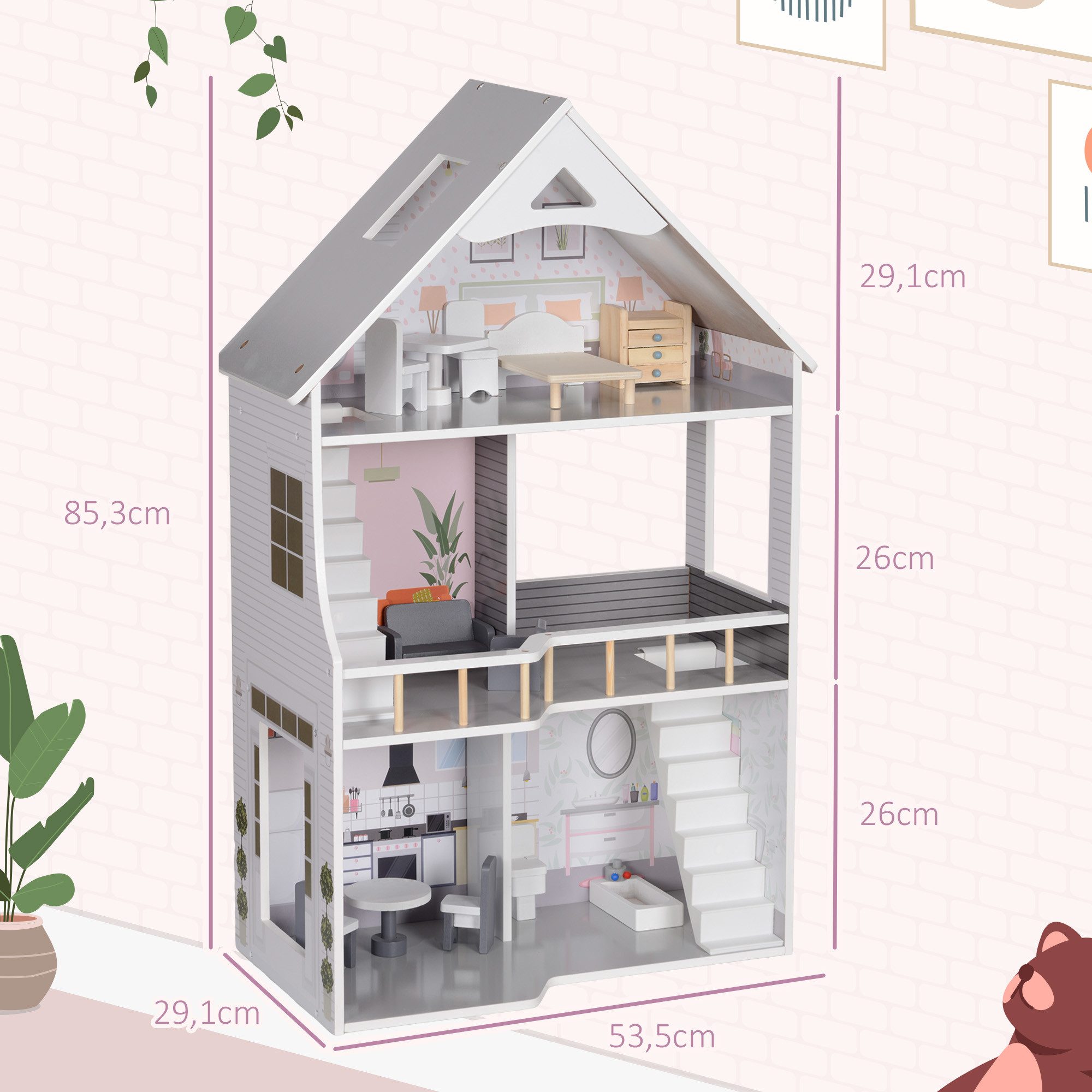 AIYAPLAY Puppenhaus mit 13 Möbelstücken und Zubehör, 85,3 cm Hoch, (Spielhaus, 1-tlg., Dollhaus), für 3-6 Jahre Kinder, Grau