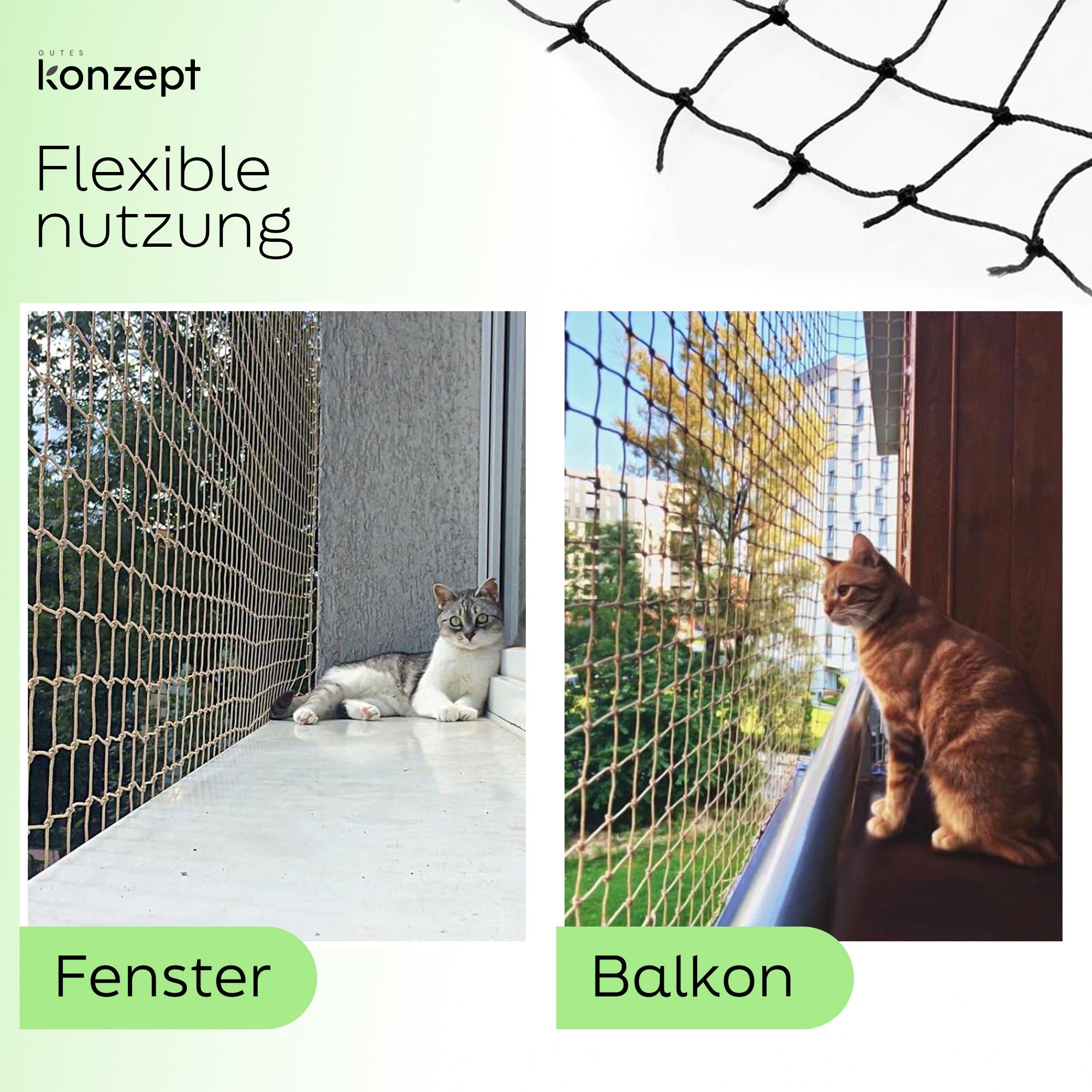 KONZEPT Tiersicherheitsnetz für Katzen, Balkonnetz ohne Bohren, 3 x 3 cm Maschenweite, Bissfest, Kratzfest, Reißfest, Wetterbeständig – Bild 4 von 5