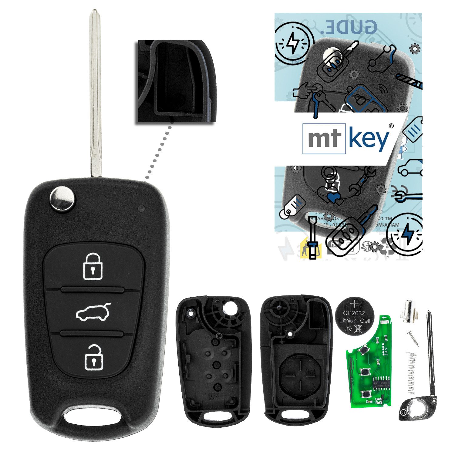 mt-key Schlüsseltasche Auto Funk Schlüssel Fernbedienung 434MHZ (Set), für Hyundai i20 (PB, 08–12); i30 (FD, 07–11); ix20 (JC, 10–19); ix...