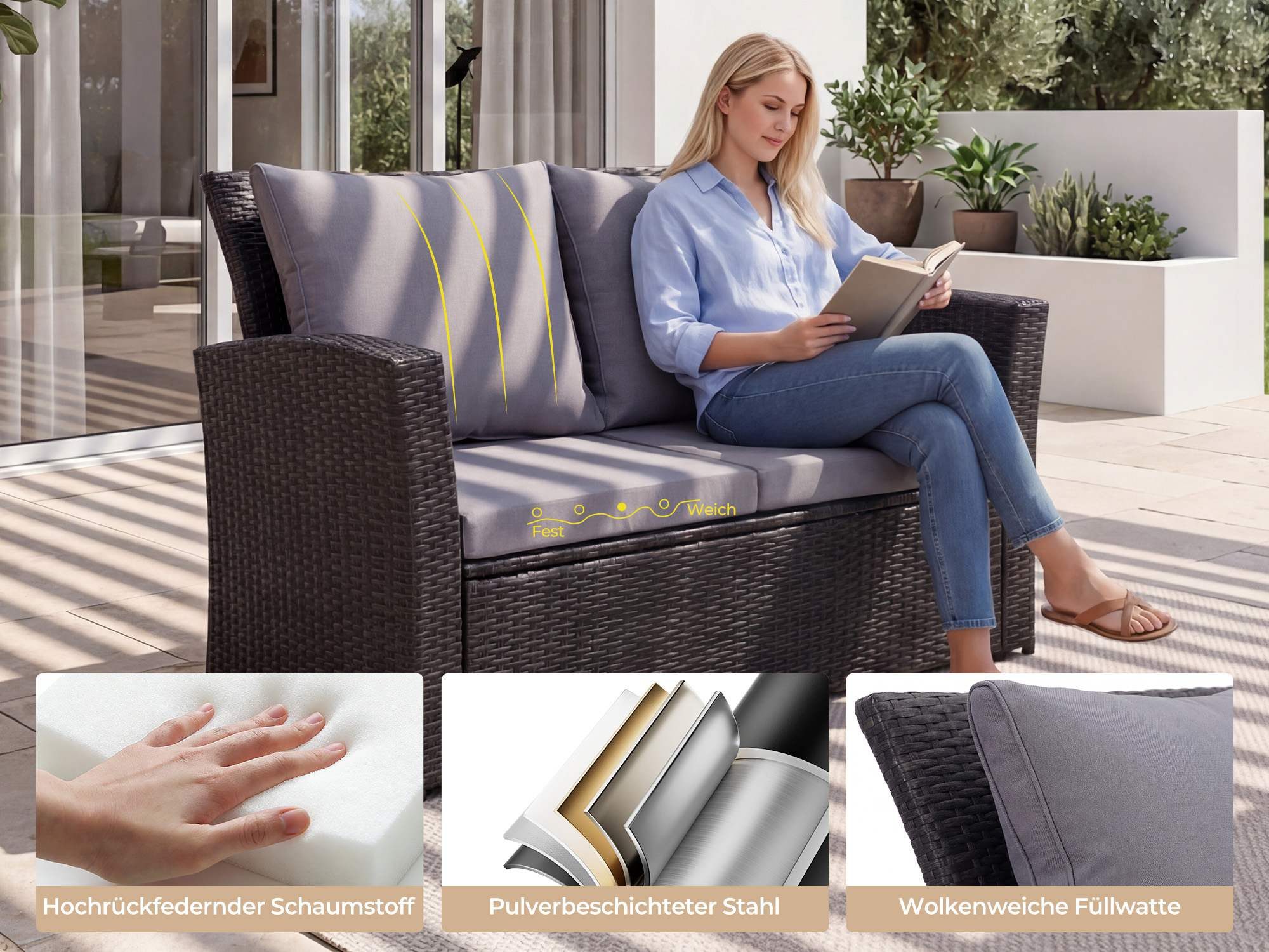 MeXo Gartenlounge-Set Polyrattan Gartenmöbel Set für 4 Personen, wetterfest, (Balkonmöbel Set Sitzgruppe, 4-tlg., mit Tisch & Stauraum), hohe Rückenlehne 80 cm, – Bild 5 von 5