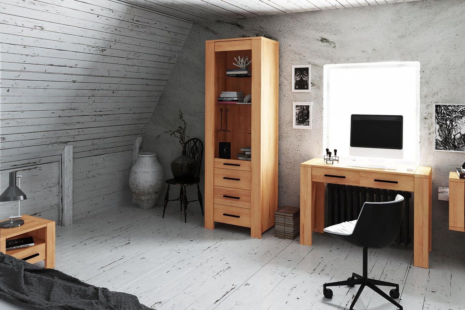 Natur24 Highboard Vitrine Lubic Kernbuche massiv 67x45x205 Glas Schubladen Holzbeinen