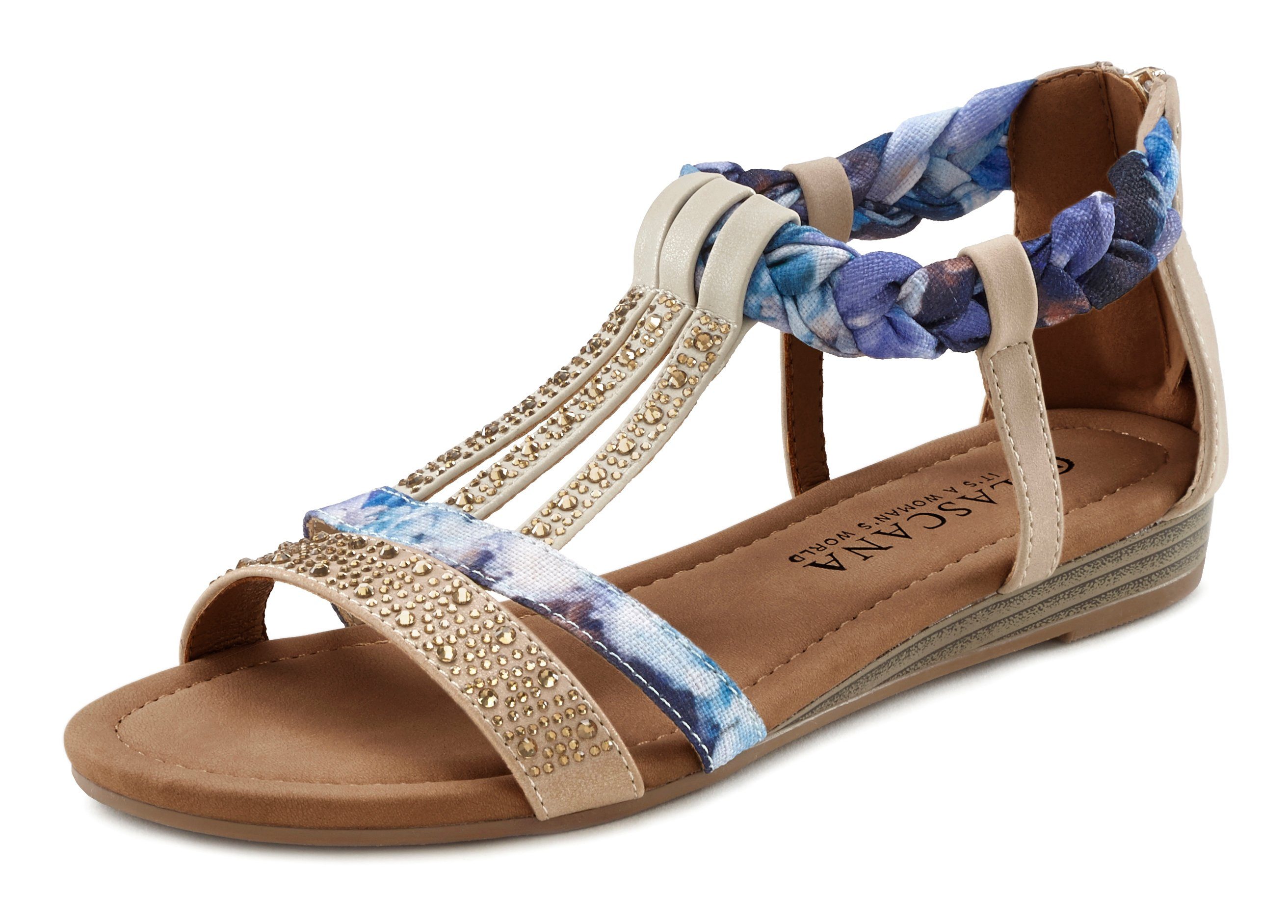 beige-blau VEGAN Sandalette, Keilabsatz Sandale kleinem LASCANA Sommerschuh Verzierung und mit