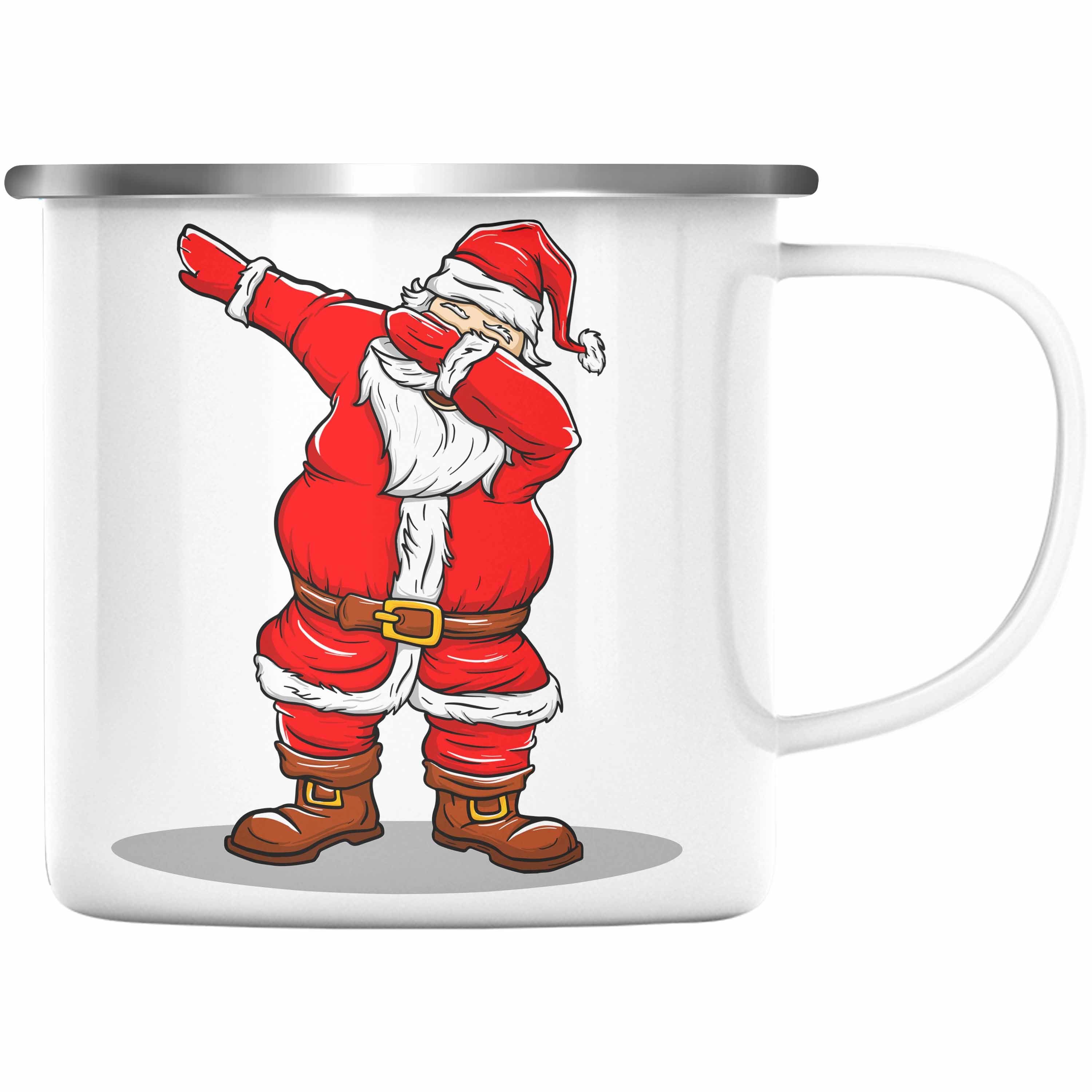 Trendation Thermotasse Trendation - Weihnachten Emaille Tasse Weihnachtsmann für Kinder WeihnachtsEmaille Tasse Lustig Geschenk Jungs Jungen Mädchen Cute Lebkuchen Grafik Becher Silber