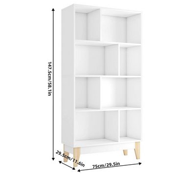 Hiazurm Bücherregal Bücherregal mit 4 Ebenen, Regal mit 8 Fächern, Standregal mit Kippschutz, 75x150x30 cm, als Raumteiler Aktenschrank DVD-Regal, aus Holzwerkstoff, weiß