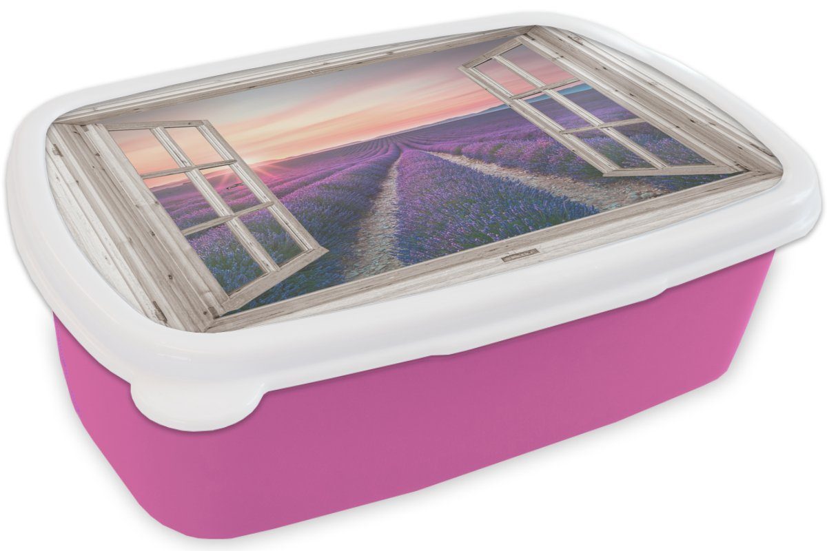 Snackbox, Erwachsene, Holz Lavendel Lila, für Durchsichtig Kinder, Lunchbox rosa Brotdose (2-tlg), Sonnenuntergang - Mädchen, - Kunststoff, - - Brotbox Blumen - Kunststoff MuchoWow