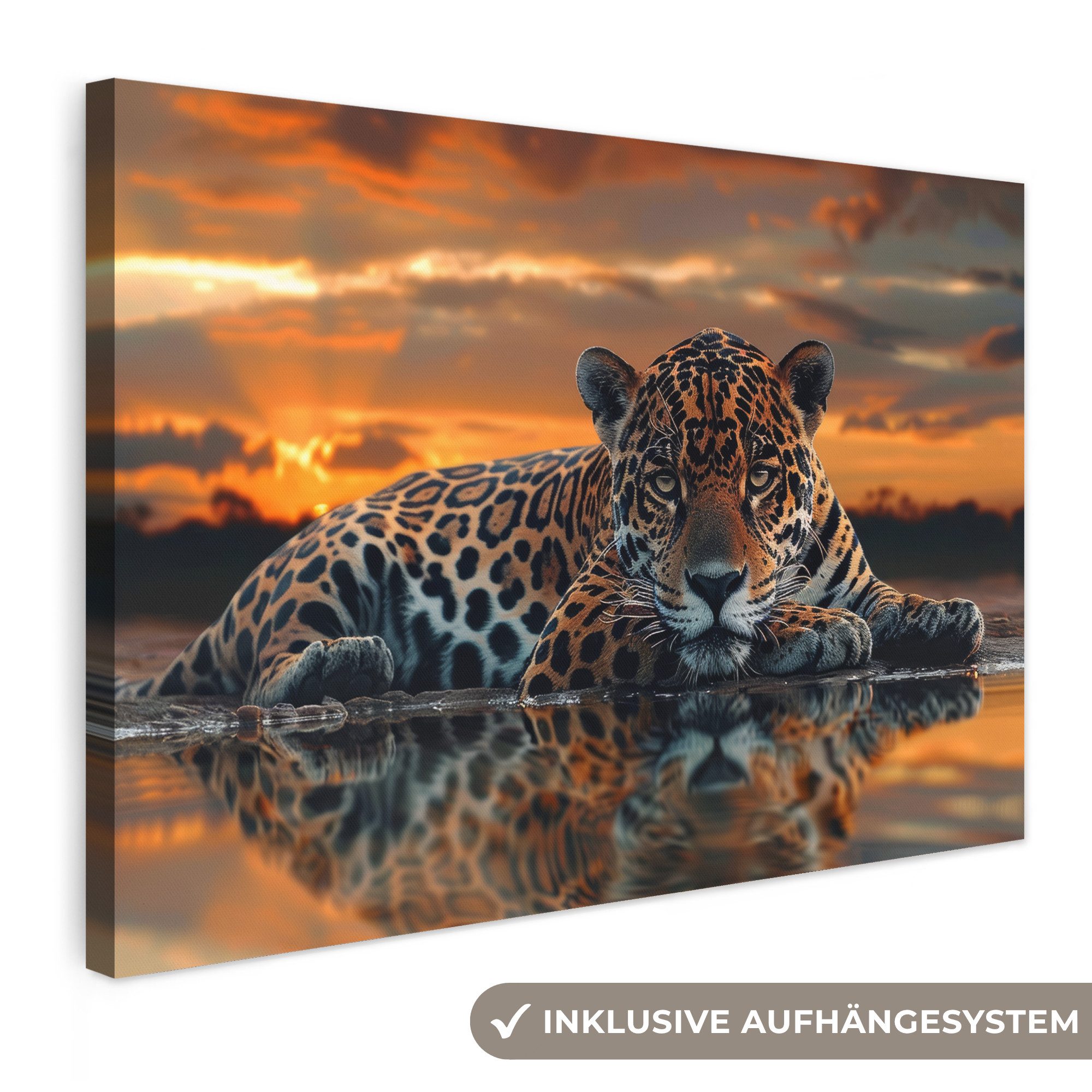 OneMillionCanvasses® Leinwandbild Natur - Leopard - Tier - Sonnenuntergang - Modern, Fotodruck (1 St), Wandbilder Wohnzimmer Schlafzimmer 90x60 cm