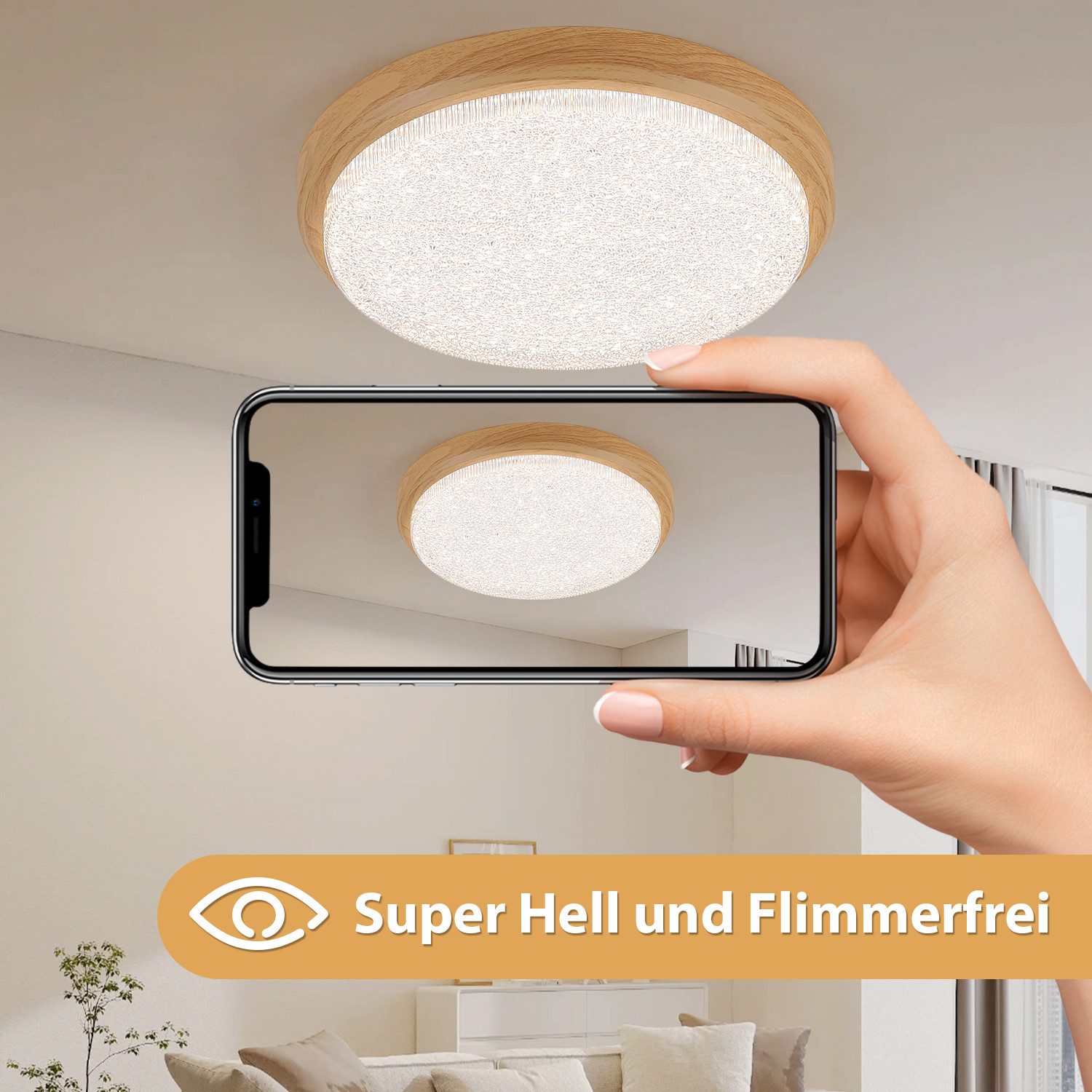 JDONG LED Deckenleuchte Flach Eckig/Rund/Holzolzoptik Deckenlampe, LED fest integriert, Tageslichtweiß, Modern Neutralweiß 4000K Lampe für Schlafzimmer Büro