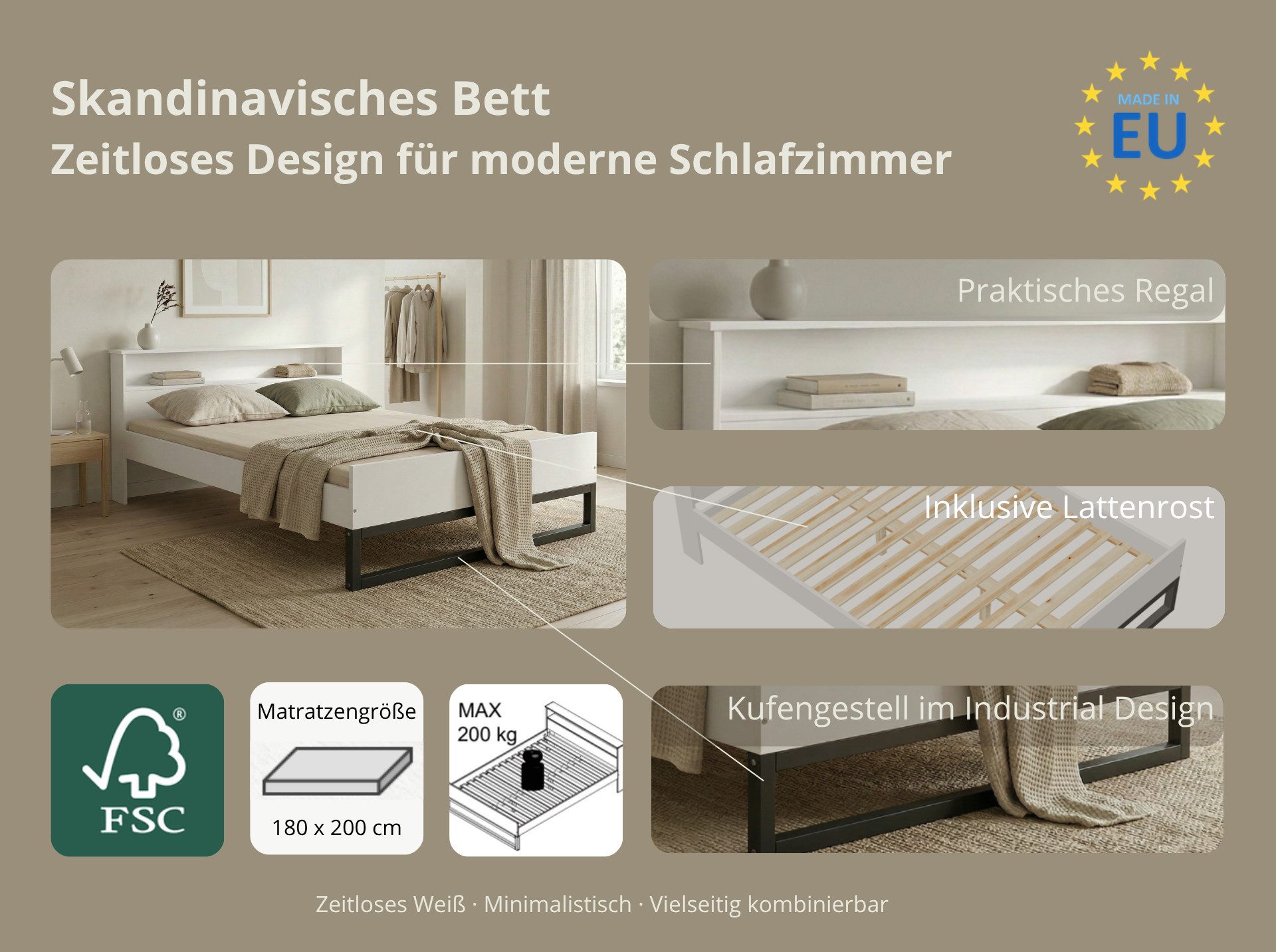 OTTO home Bett Pannor, Industrial Design, mit Regal, Lattenrost inklusive (Liegefläche Breite 140 oder 180cm), Kufengestell, bis 200 kg belastbar, FSC-zertifiziert, Made in EU