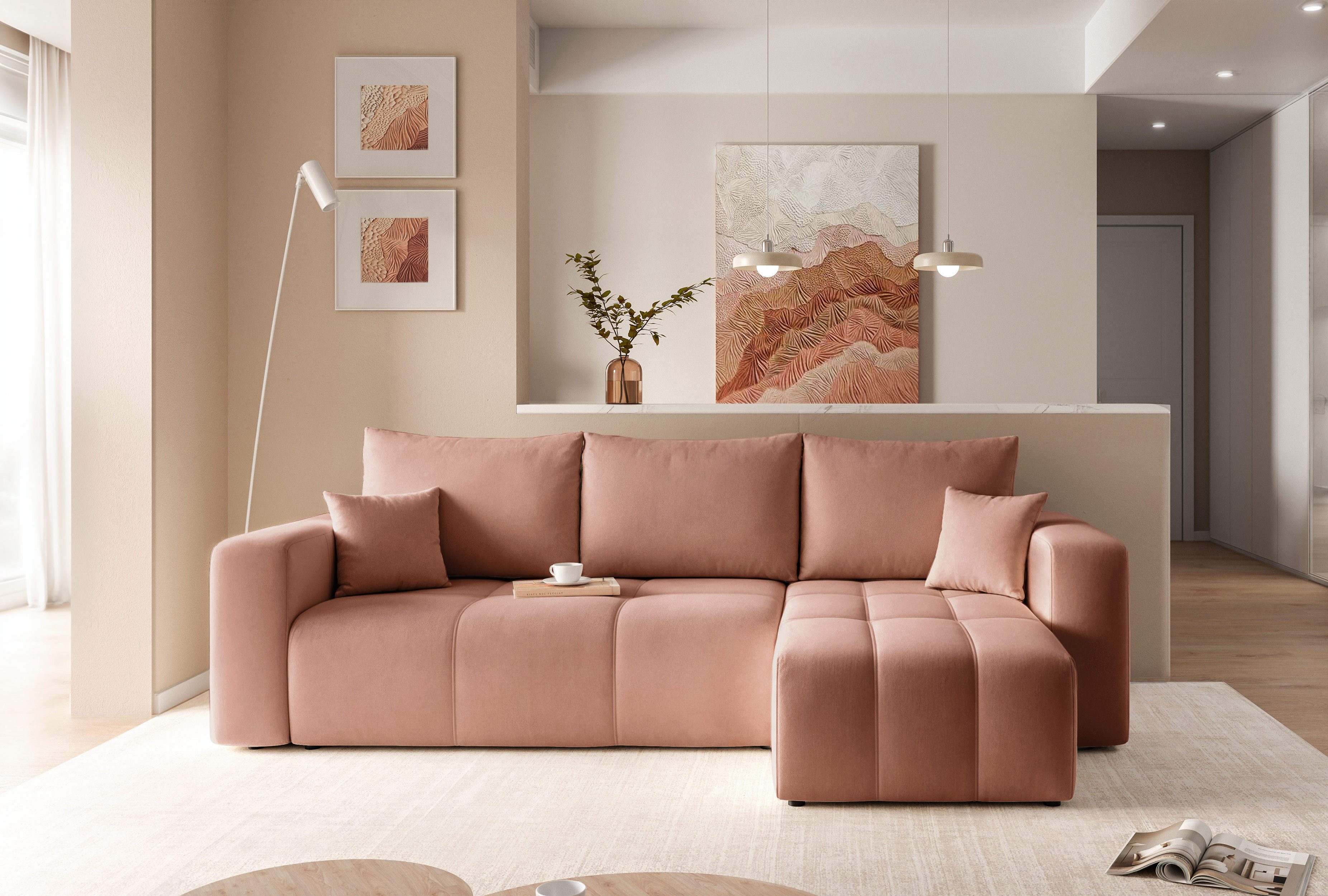 yourhouse24 Ecksofa PEDRO L – Samt-Optik, Schlaffunktion & Bettkasten, mit Schlaffunktion und Bettkasten, Seite universal