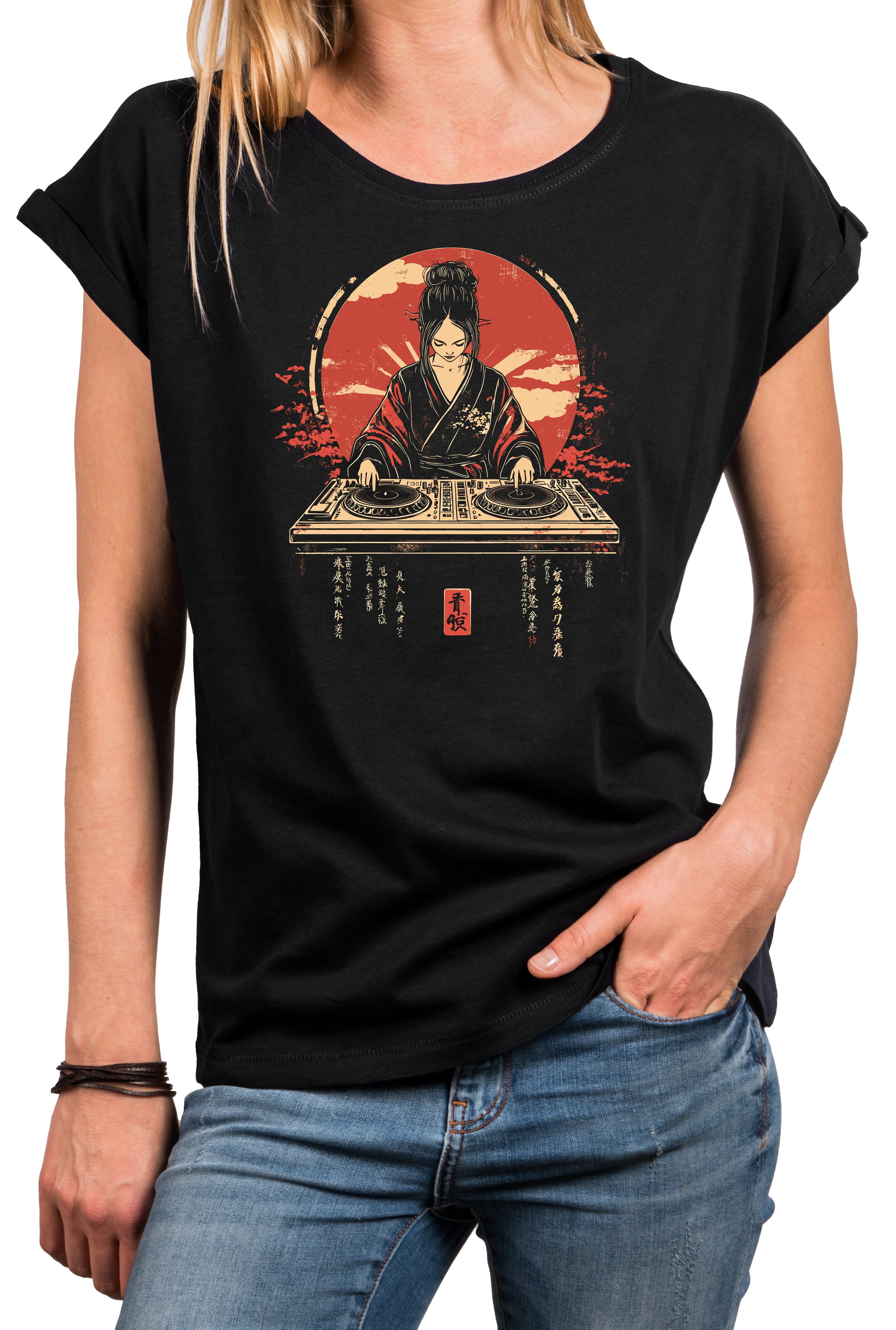 T-Shirt Damen-DJ-Top mit Asia-Design – Festival-Style für Techno & Rave