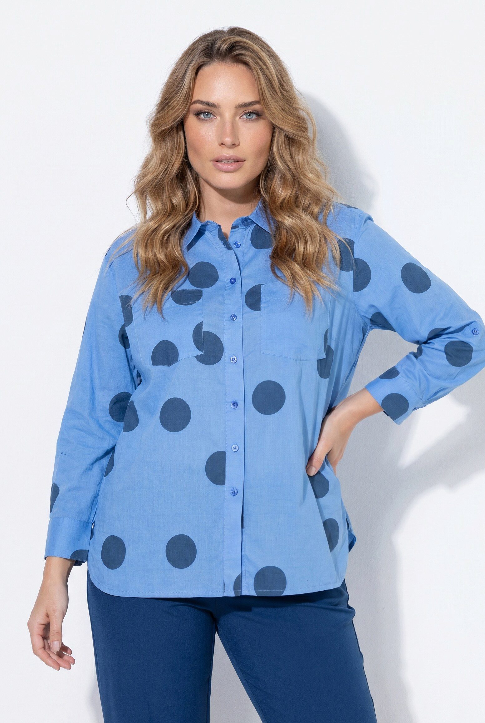 MIAMODA Hemdbluse Jeanshemd oversized Frottee-Punkte Langarm