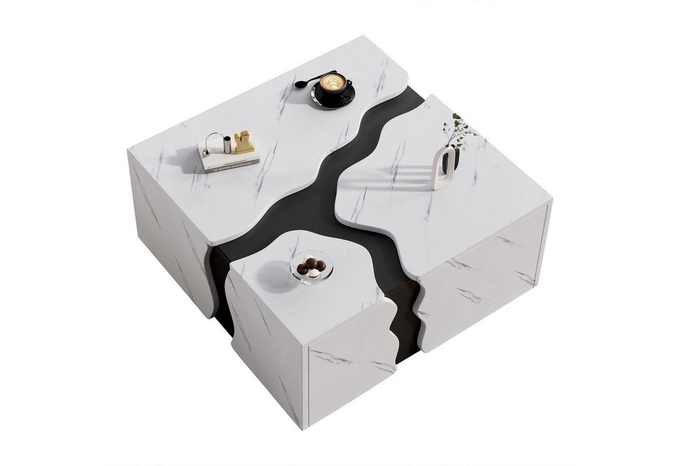 Merax Couchtisch in Marmoroptik, moderner geometrischer Beistelltisch (1-St), Kaffeetisch Wohnzimmertisch mit Schublade, 70x70x31cm