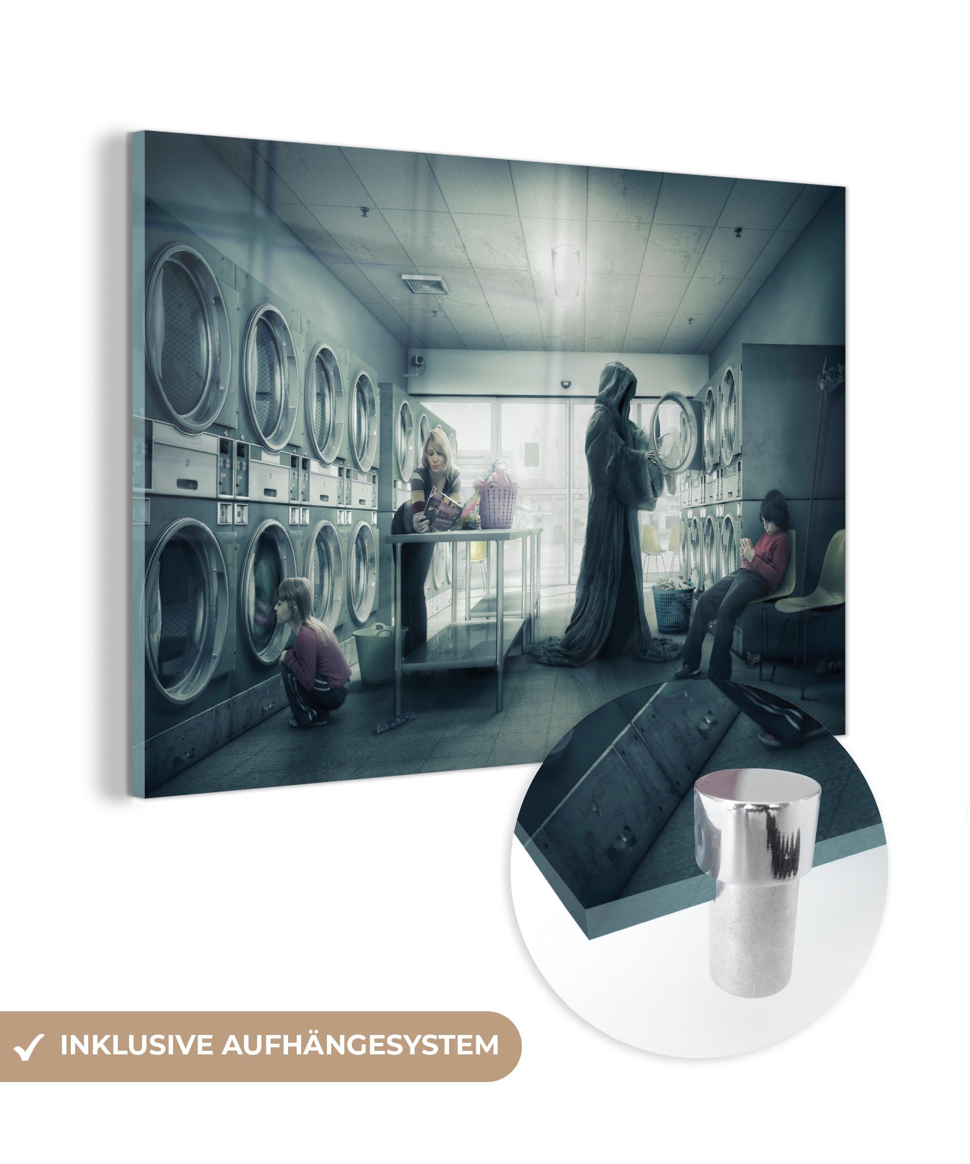 MuchoWow Acrylglasbild Absurder Sensenmann im Waschsalon, (1 St), Acrylglasbilder Wohnzimmer & Schlafzimmer