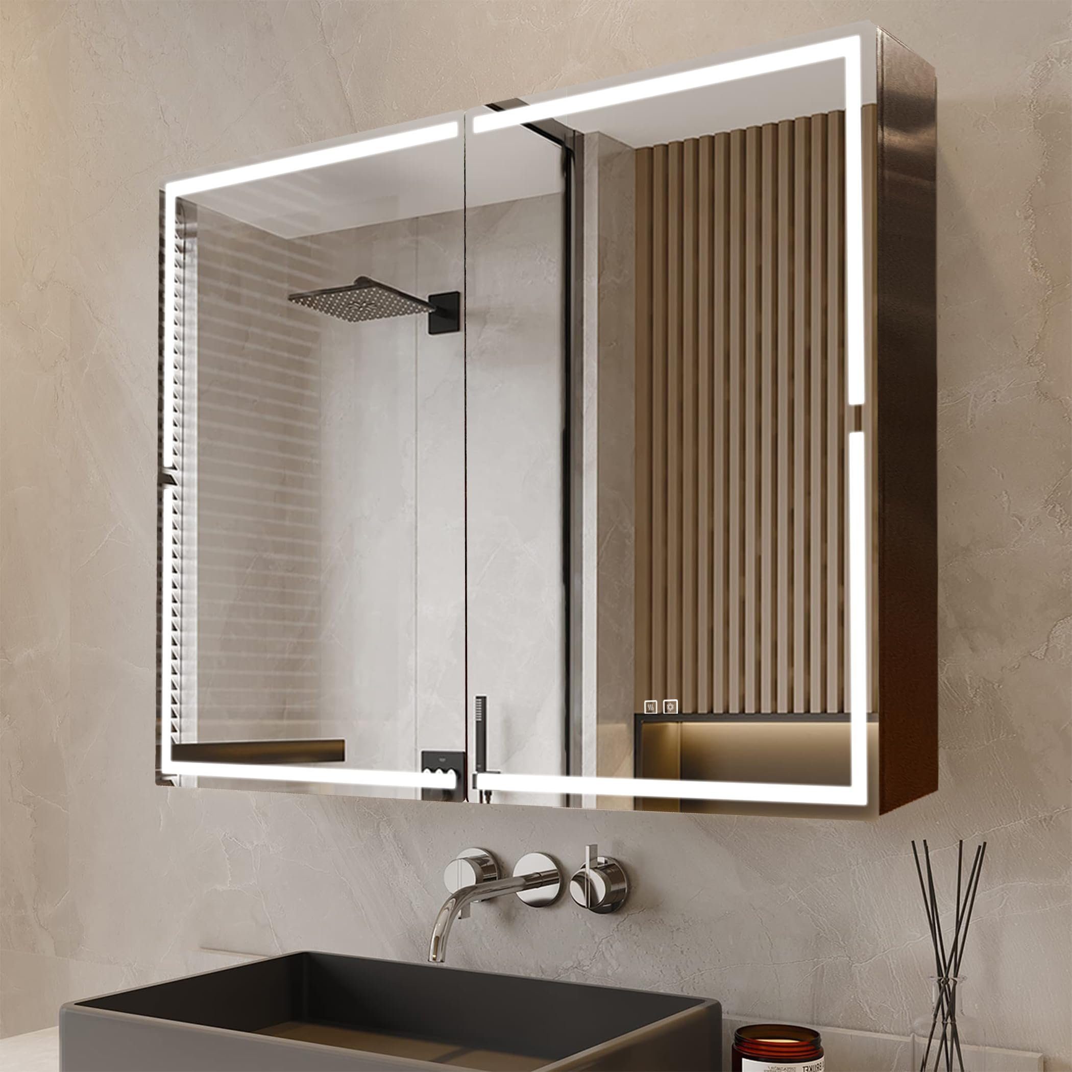 HT Badezimmerspiegelschrank (3-farbig dimmbar, Dehaze-Funktion, 100 x 70 x 13,8) Spiegelschrank Bad mit Beleuchtung, Braun