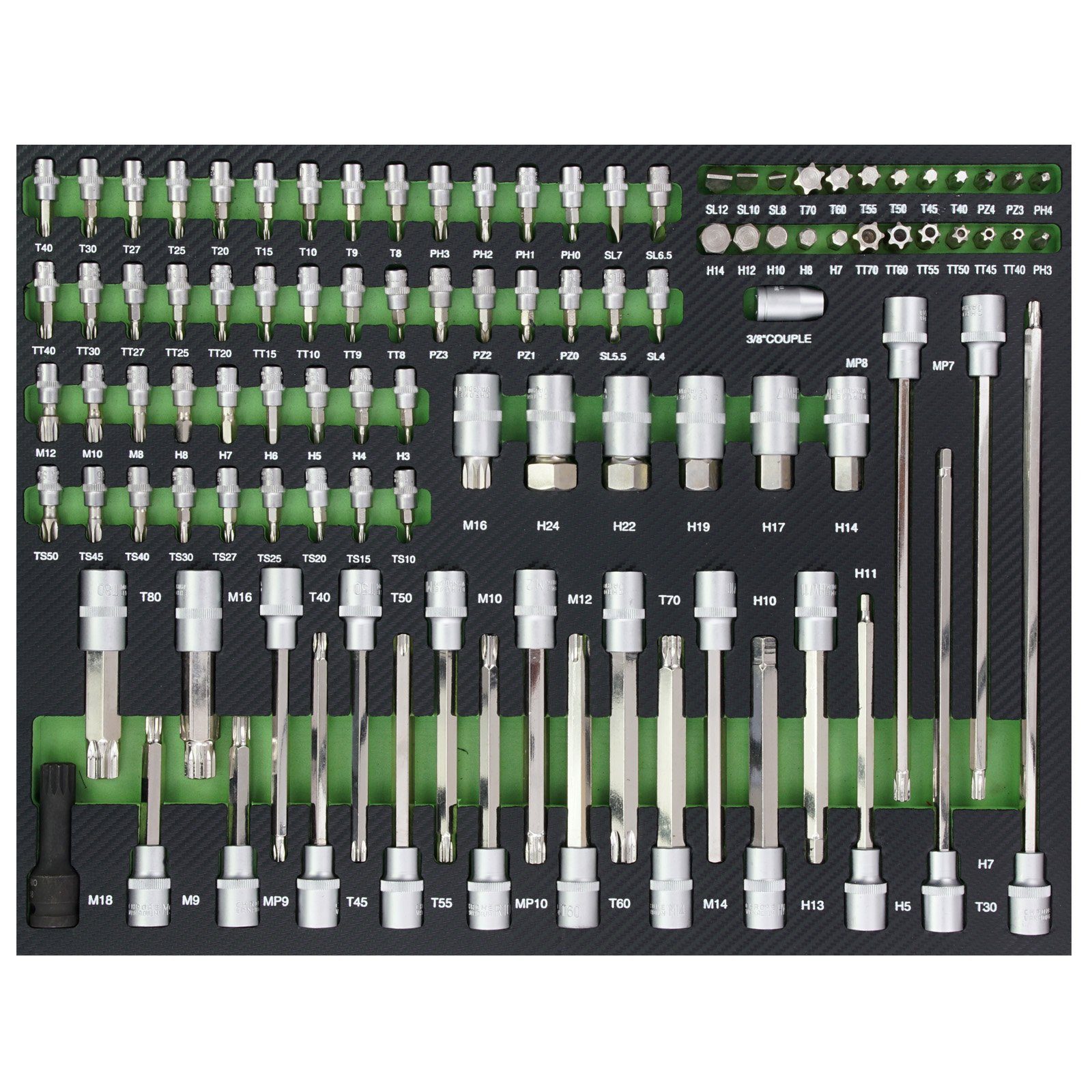 Werkzeugset Profi Werkstattwagen Einlage 102 tlg. Steckschlüsselsatz Schaum grün