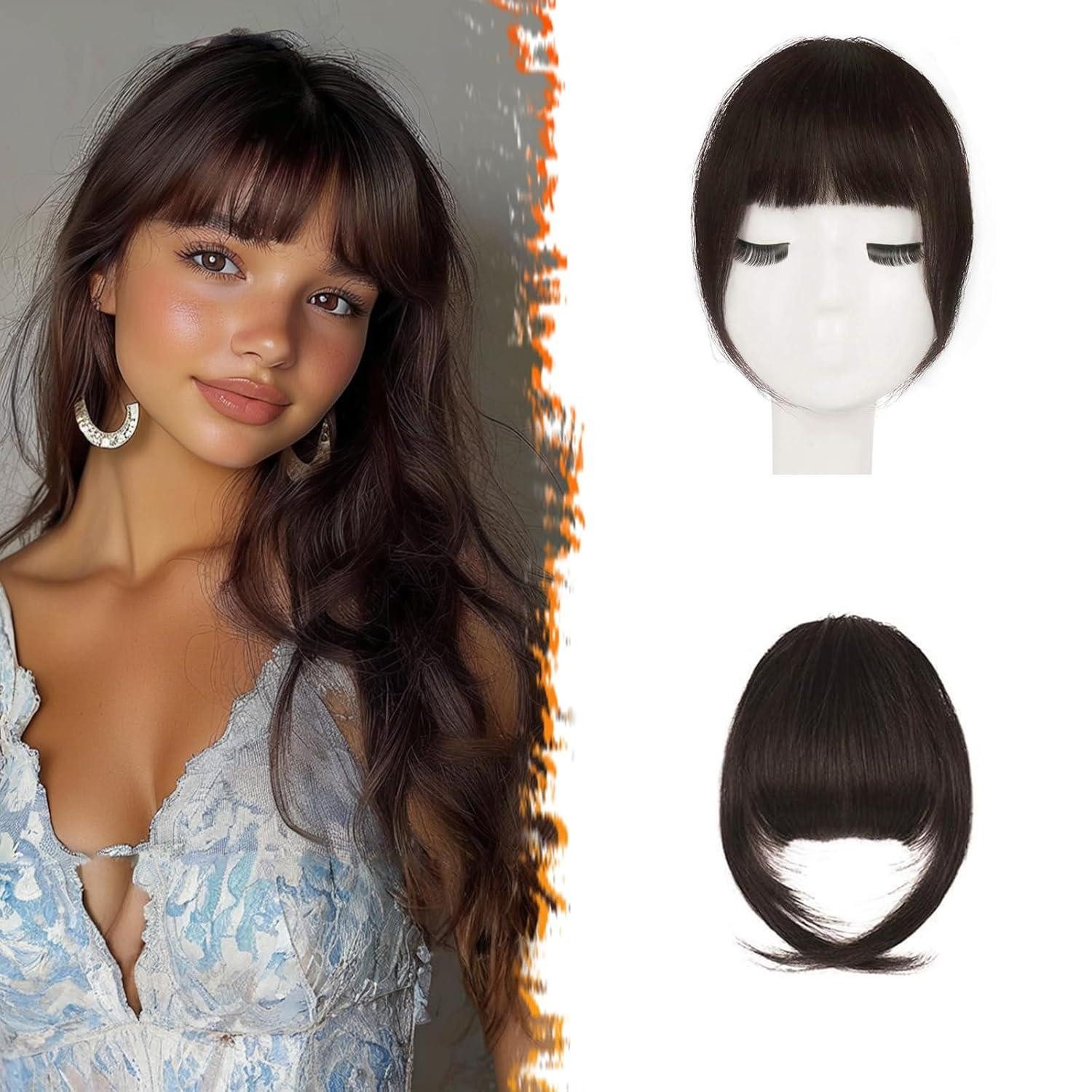 Echthaar-Extension Echthaar Clip in Bangs Fringe Pony Haarteil Braun Auburn