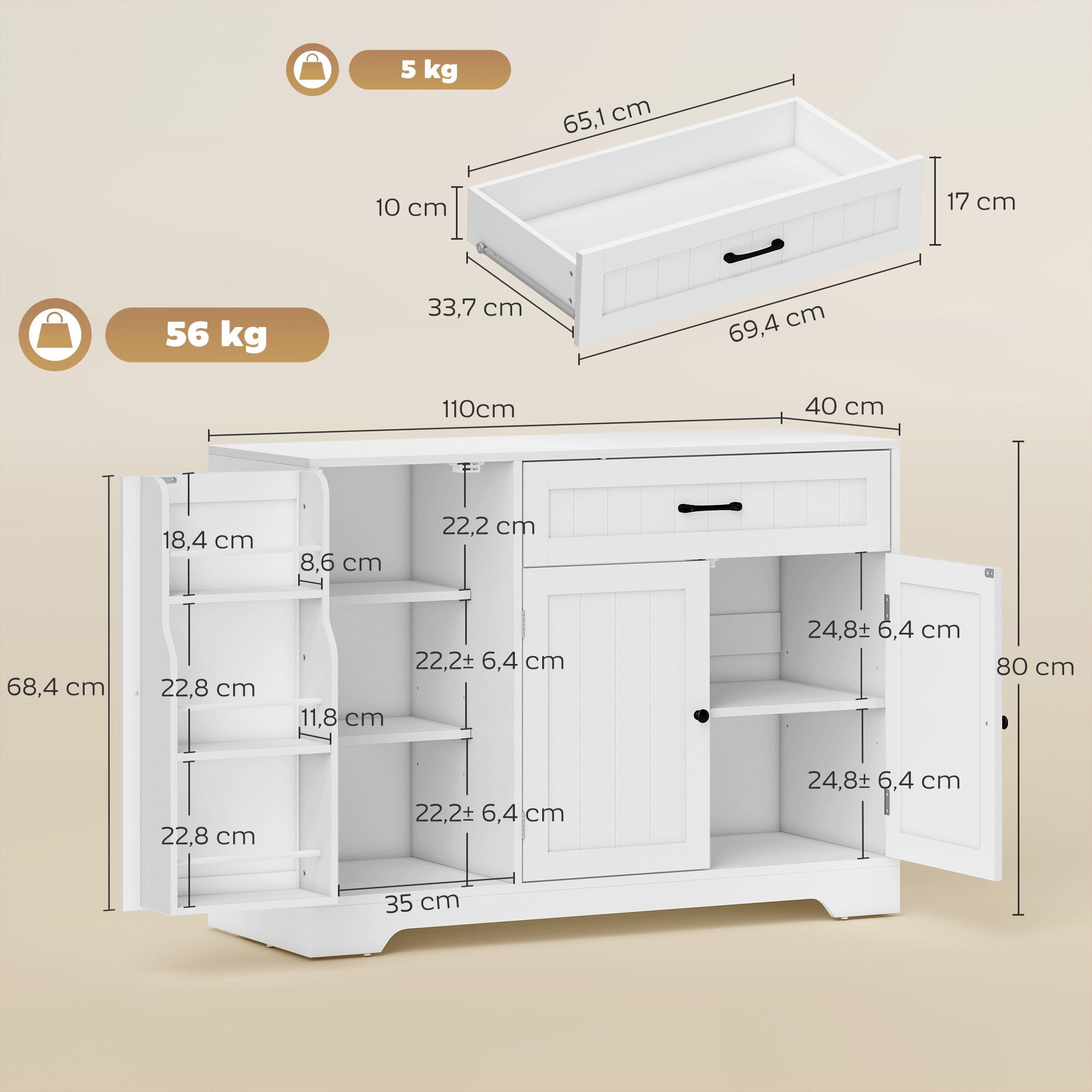 HOMCOM Sideboard (Küchenschrank, 1 St., Aufbewahrungsschrank), 110 x 40 x 80 cm Weiß