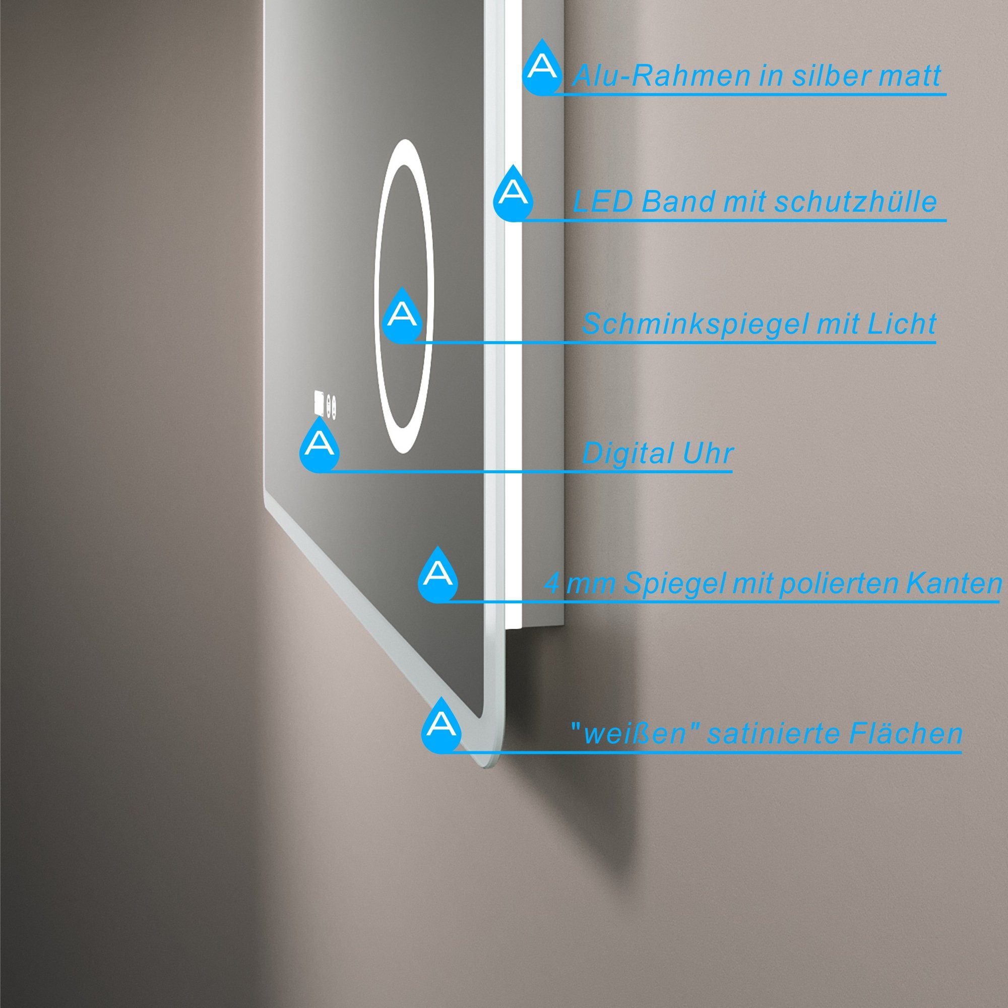 AQUABATOS Badspiegel Badspiegel mit Beleuchtung Wandspiegel LED Lichtspiegel
