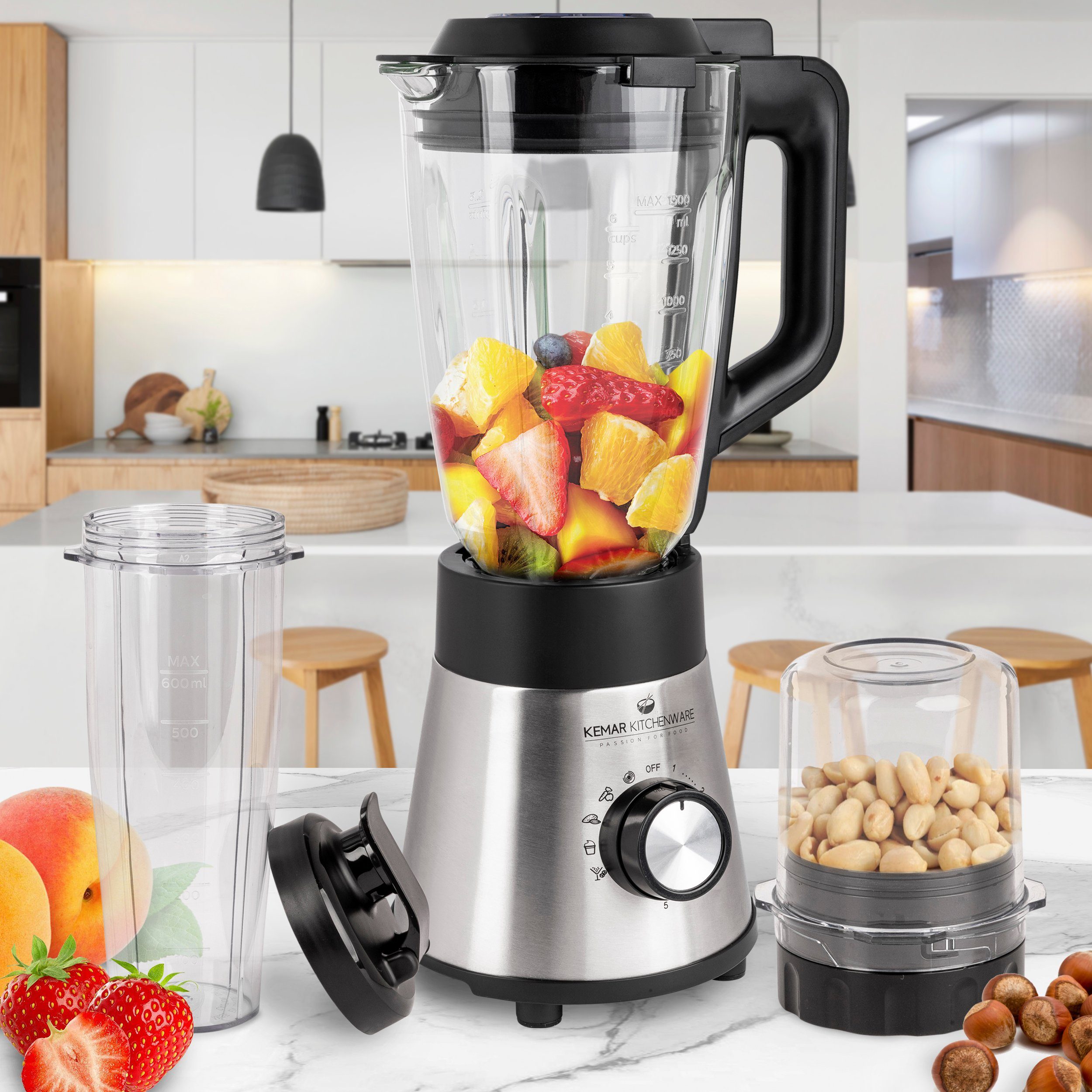 KeMar Kitchenware Standmixer KSB-170, 1000 W, Glasbehälter, 2Go Trinkbecher, 50 ml Grinder, abschraubbare Klinge