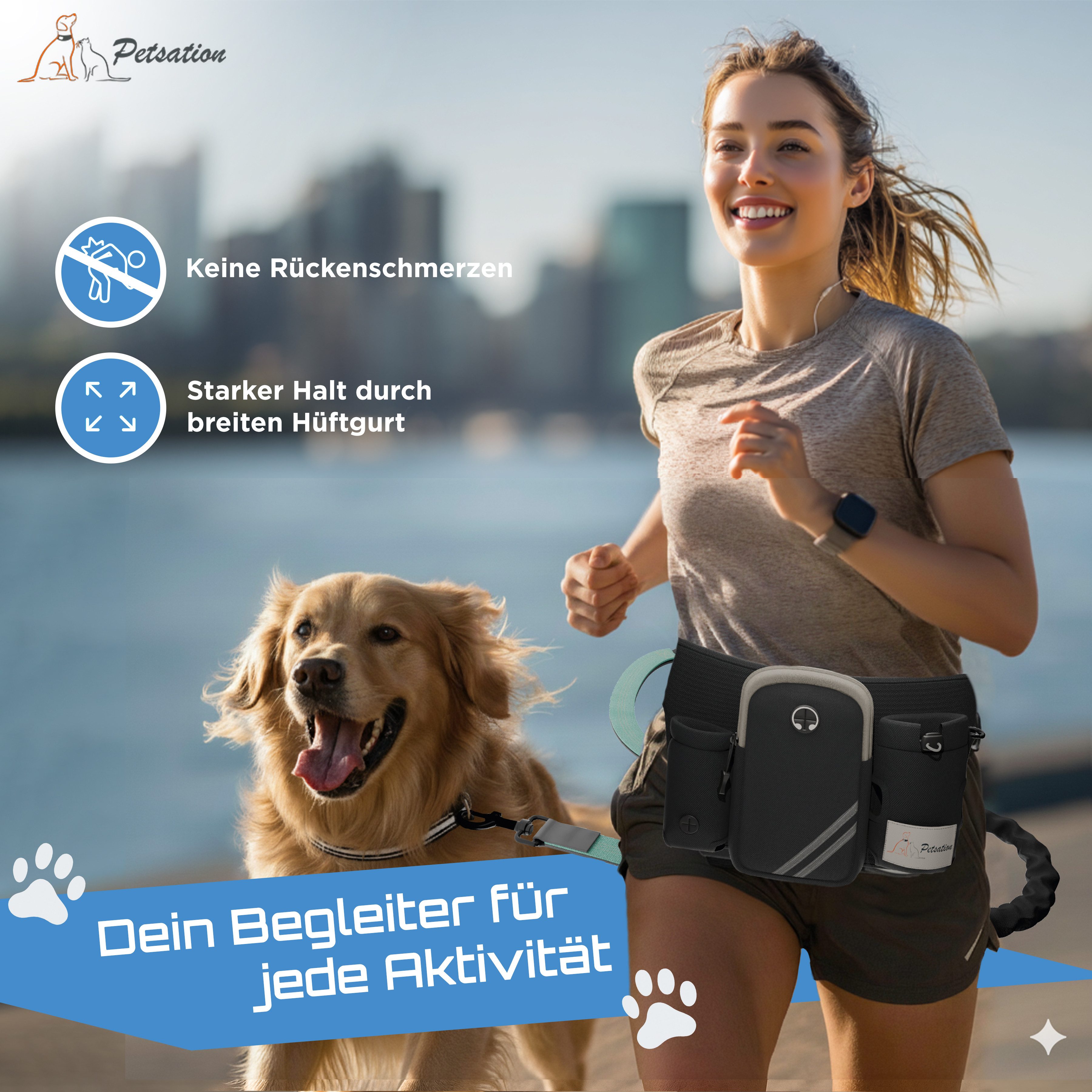 Petsation Joggingleine Joggingleine Hundeleine mit Bauchgurt & Tasche – Joggen Wandern