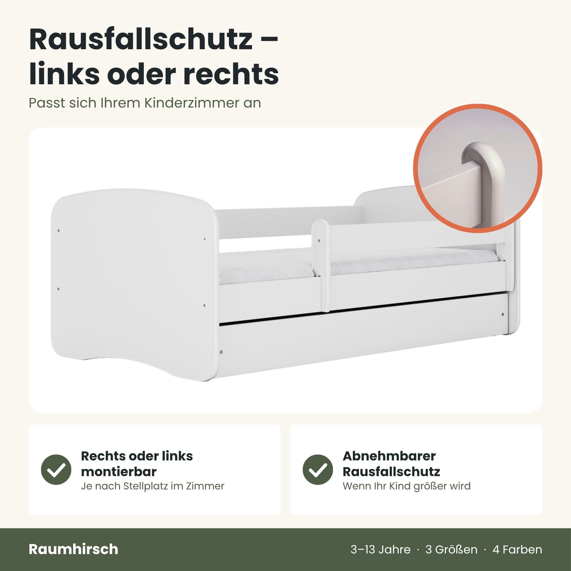 Raumhirsch Furniture Kinderbett 70x140, 80x160, 80x180 cm - Komplettset mit Matratze & Schublade (Bett für Jungs, Einzelbett für Kinder 2–12 Jahre mit Rausfalls – Bild 5 von 5