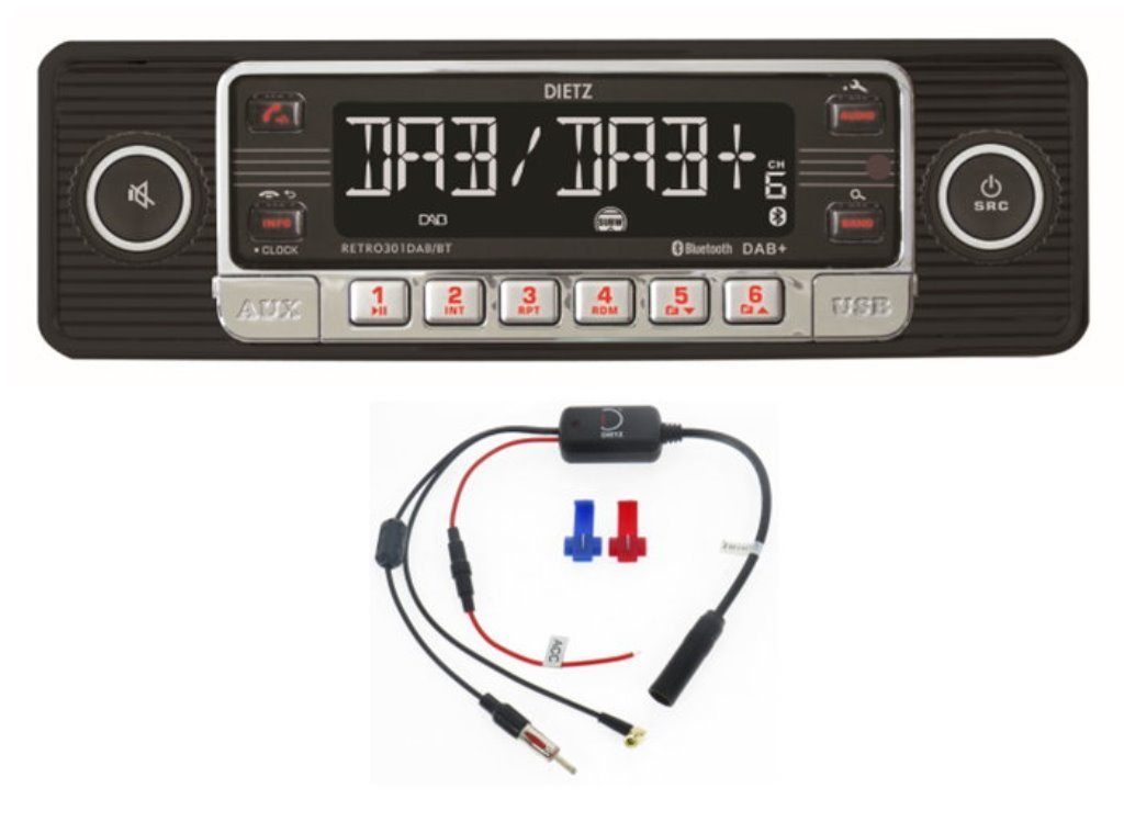 Dietz 1-DIN Dietz Retro Radio DAB+, BT, MP3, USB, RDS, mit Splitter Autoradio (Digitalradio (DAB), FM/UKW, 20,00 W)