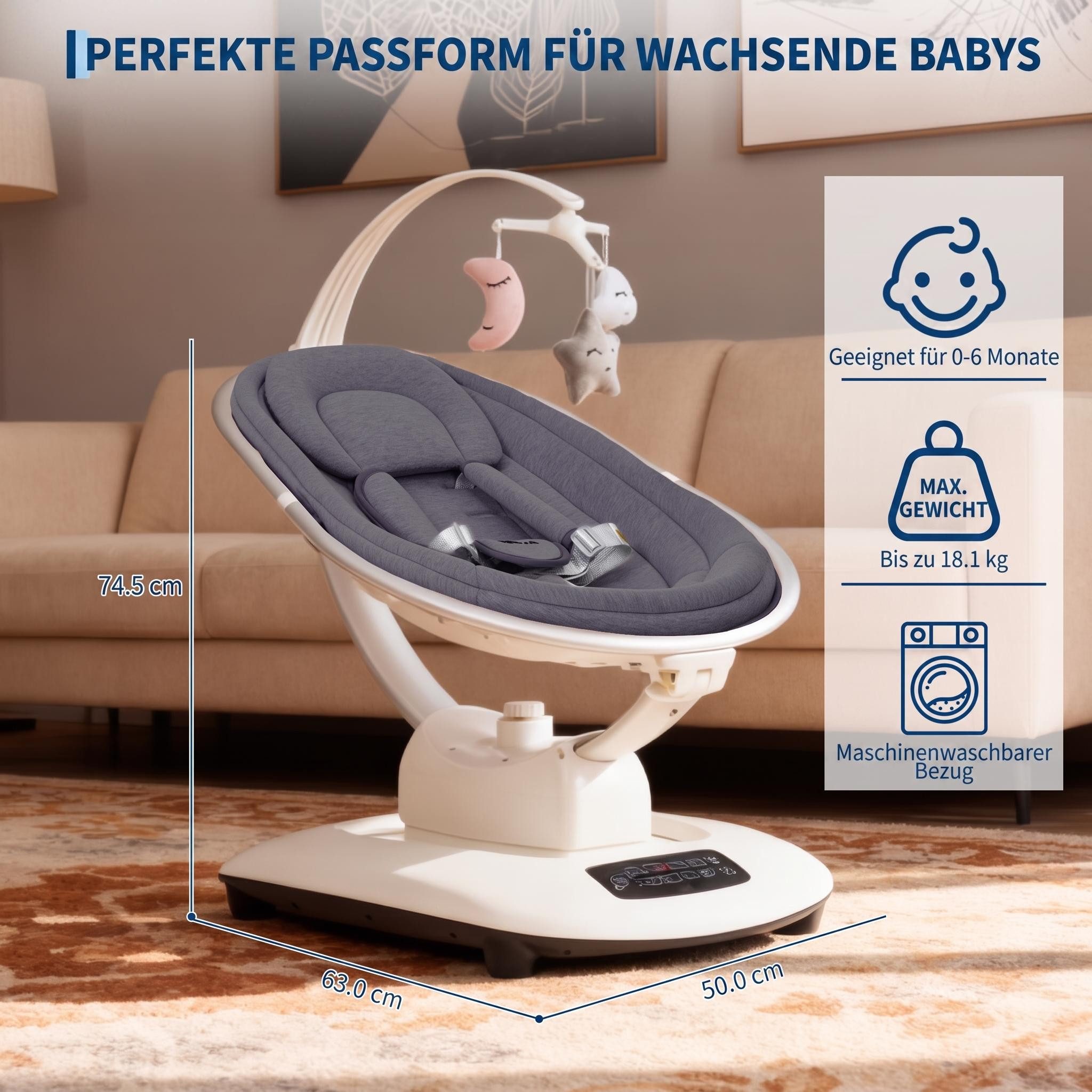 GarveeMore Babywippe elektrische Babyschaukel mit Spielzeugbügel, bis 6 Monate & 18 kg, 5 Schaukelmodi + 5 Schlaflieder, höhenverstellbar, waschbar