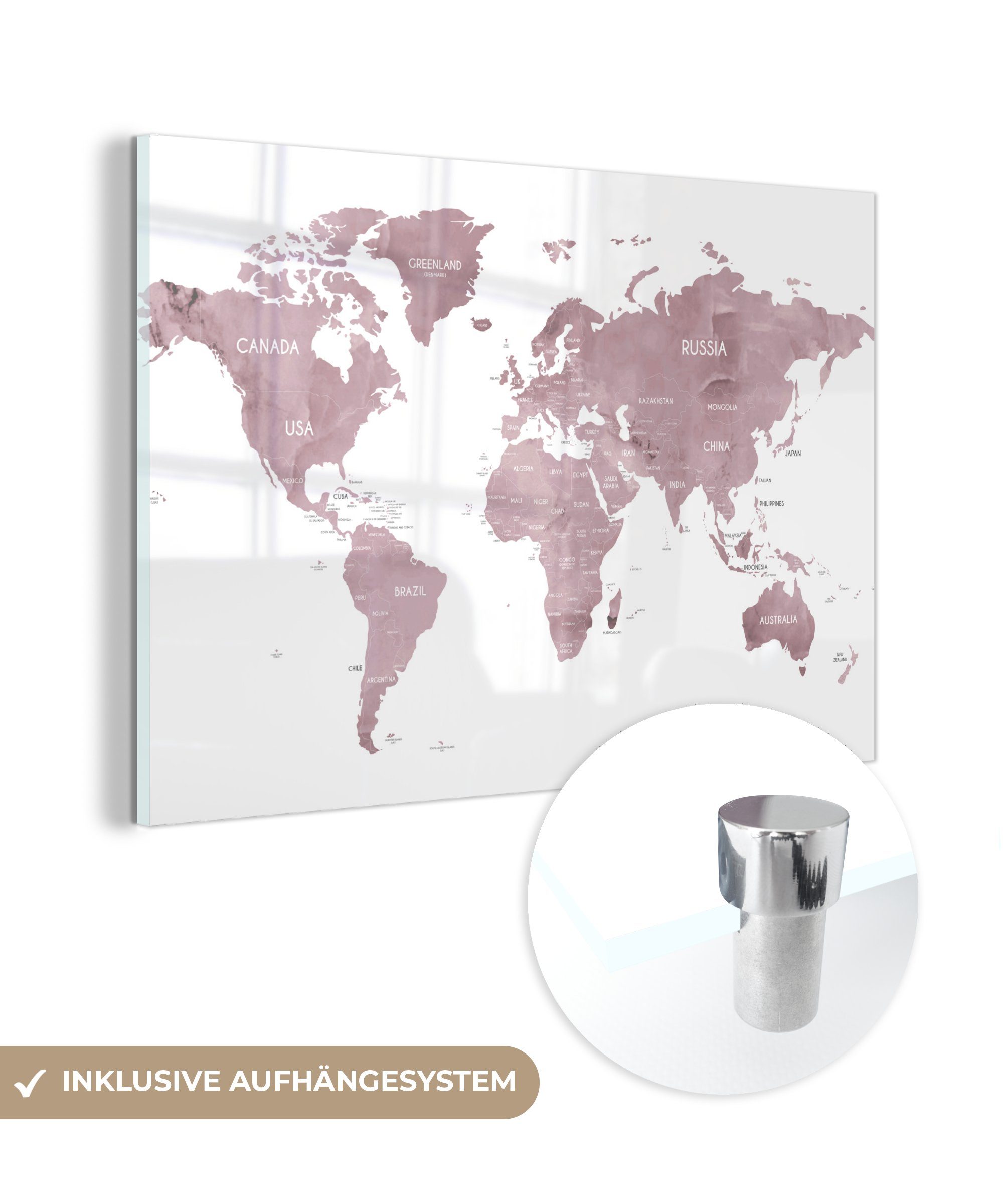 MuchoWow Acrylglasbild Weltkarte - Lila - Weiß, (1 St), Glasbilder - Bilder auf Glas Wandbild - Foto auf Glas - Wanddekoration