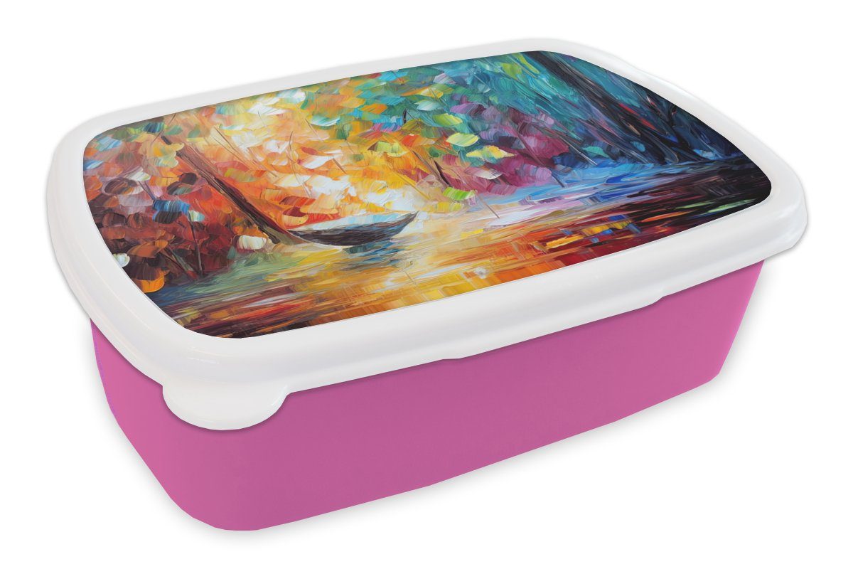 MuchoWow Lunchbox Bunt - Ölfarbe - Wasser - Boot, Kunststoff, (2-tlg), Brotbox für Erwachsene, Brotdose Kinder, Snackbox, Mädchen, Kunststoff rosa