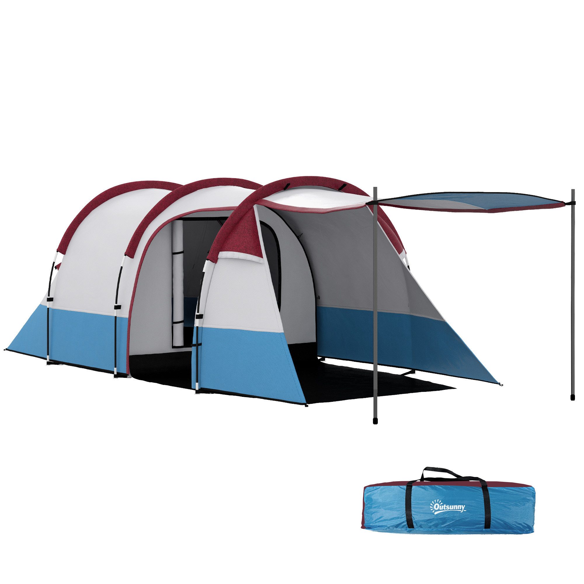 Outsunny Tunnelzelt Campingzelt, Personen: 3 (mit Lichthaken, Vorzelt, 2 Räumen, 1 tlg., Winddicht Familienzelt mit Tragetasche), 2000mm Wasserabweisend Zelt für Camping