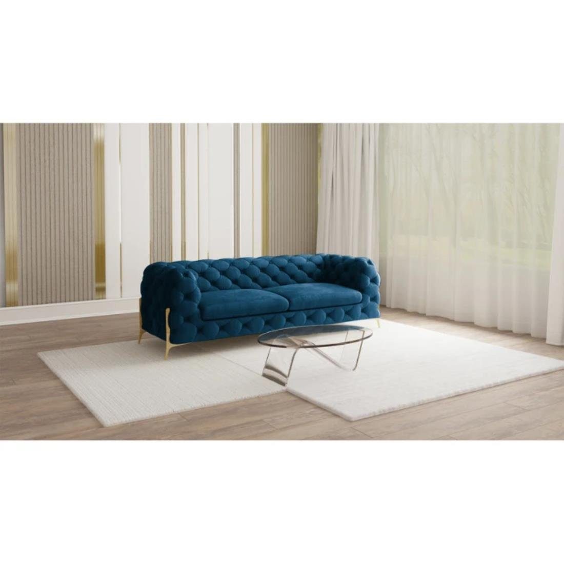 S-Style Ashley Sofa 3-Sitzer mit Goldene mit Marineblau Füßen, Chesterfield Möbel Wellenfederung Metall