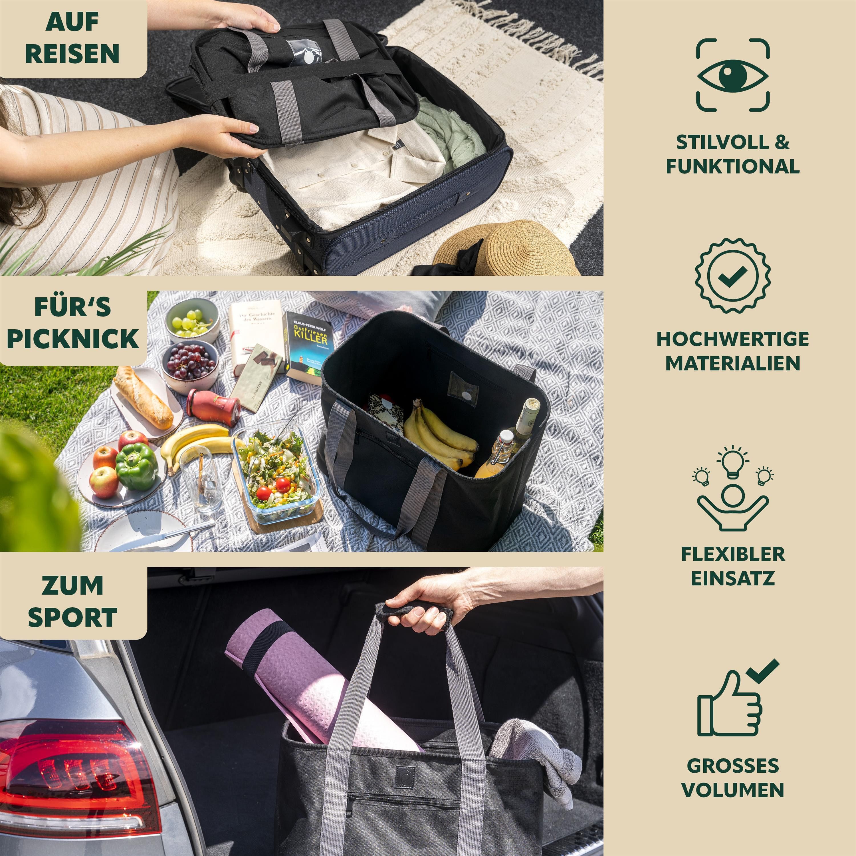 eluno Einkaufskorb STELLE, Einkaufstasche faltbar Picknickkorb Polyester, 27 l