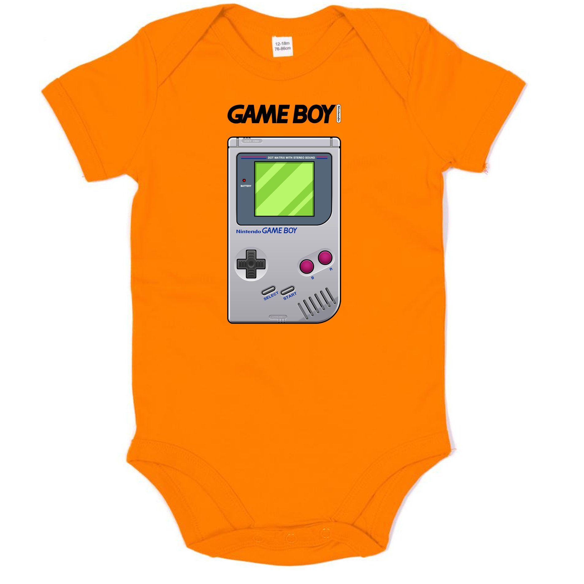 Blondie & Baby Game Boy Kinder Orange Logo Nintendo Konsole Gamer Strampler Brownie Retro