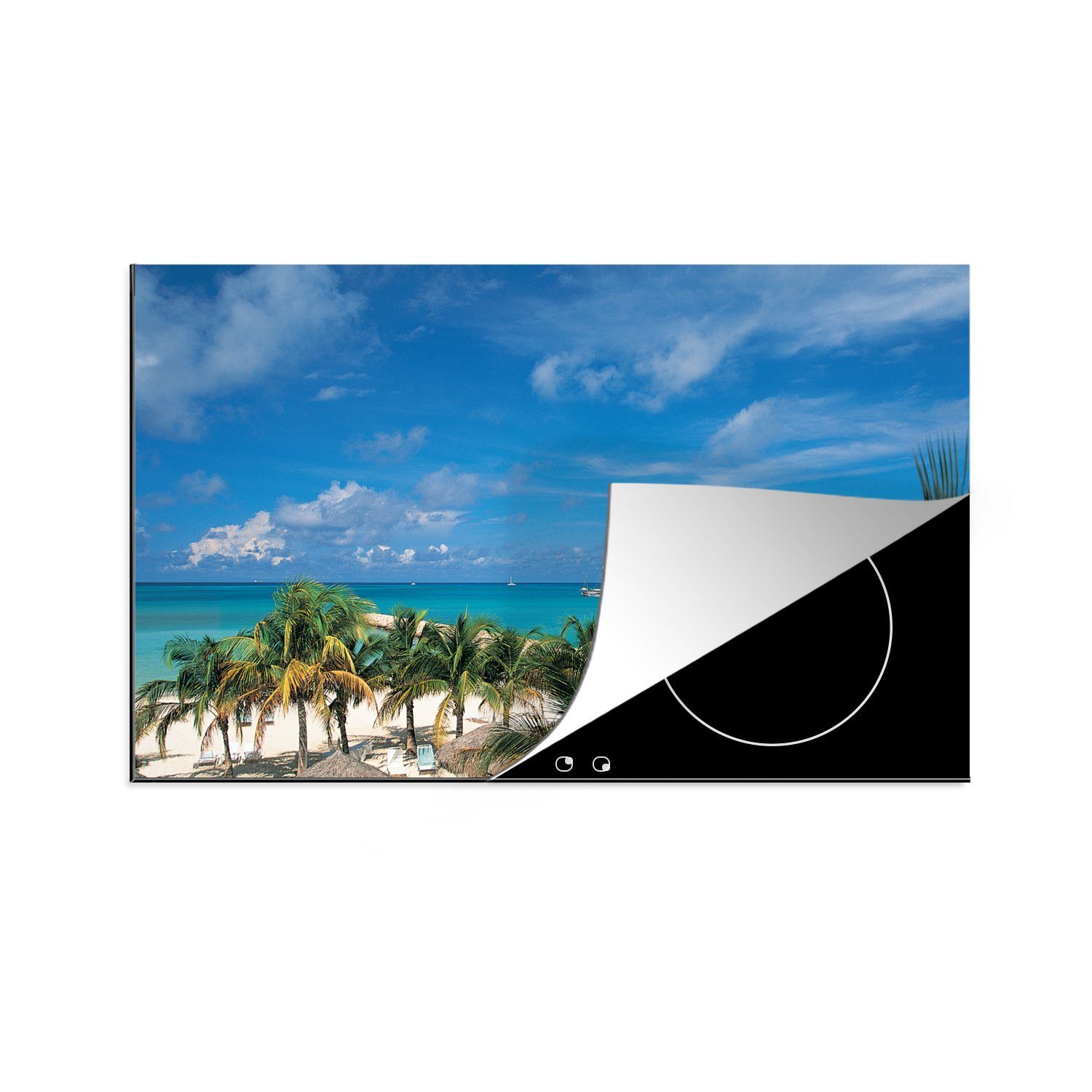 MuchoWow Herdblende-/Abdeckplatte Palmen am perlweißen Strand von Aruba, Vinyl, (1 tlg), 81x52 cm, Induktionskochfeld Schutz für die küche, Ceranfeldabdeckung