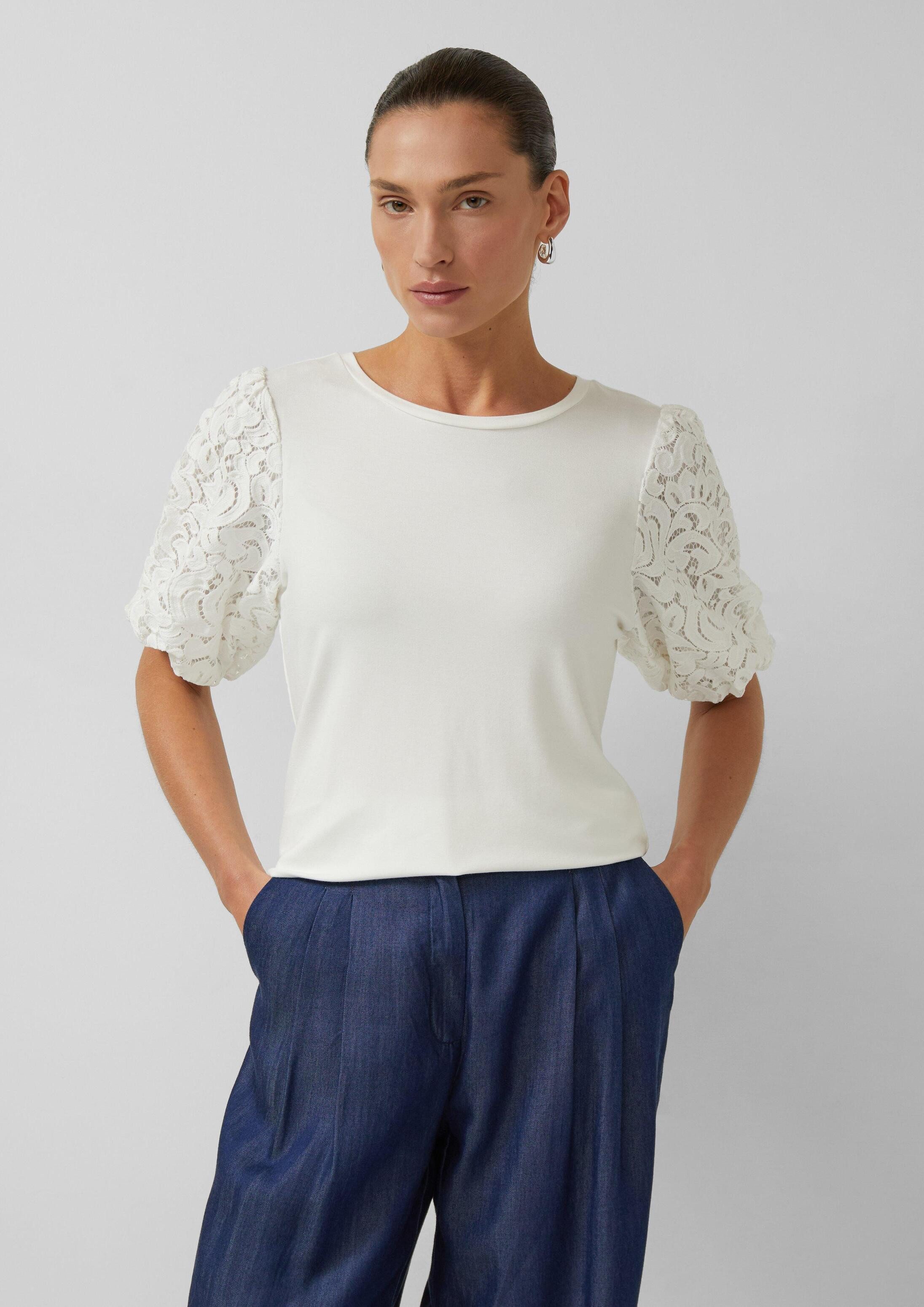 s.Oliver Kurzarmshirt T-Shirt Materialmix-Shirt mit Spitzen-Ärmeln
