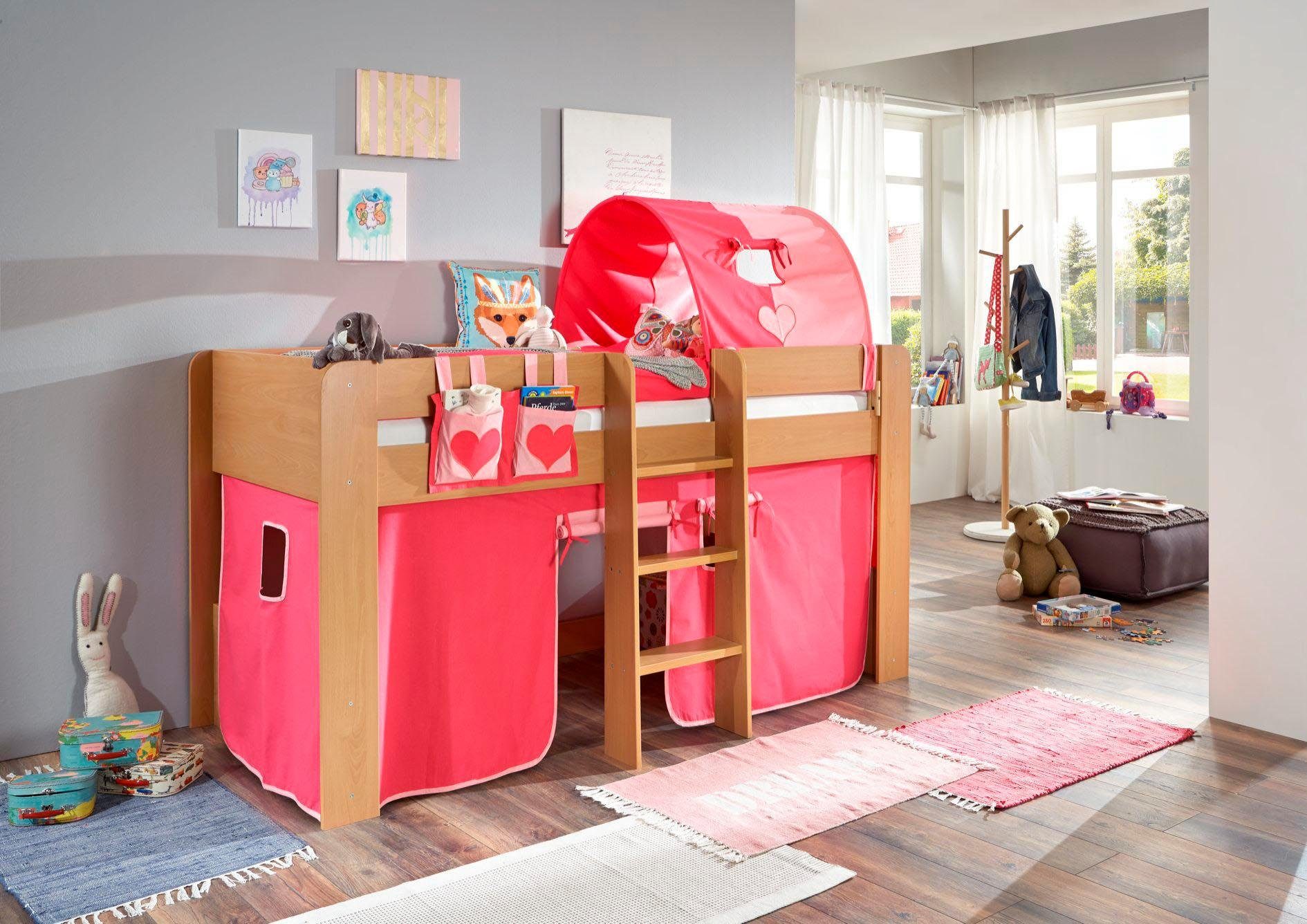 Relita Hochbett Andi mit Rolllattenrost, Textil-Set und Leiter, pflegel. Dekor Oberfläche