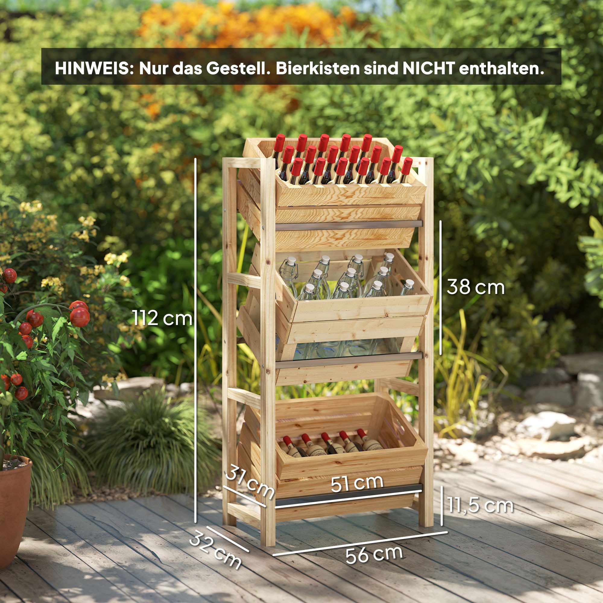 Outsunny Weinregal für 3 Getränkekisten, mit 3 Ebenen, freistehend, belast 150kg, Getränkekistenregal Holz 1-tlg., für Bier, Wasser, 56 x 32 x 112 cm, Naturholz
