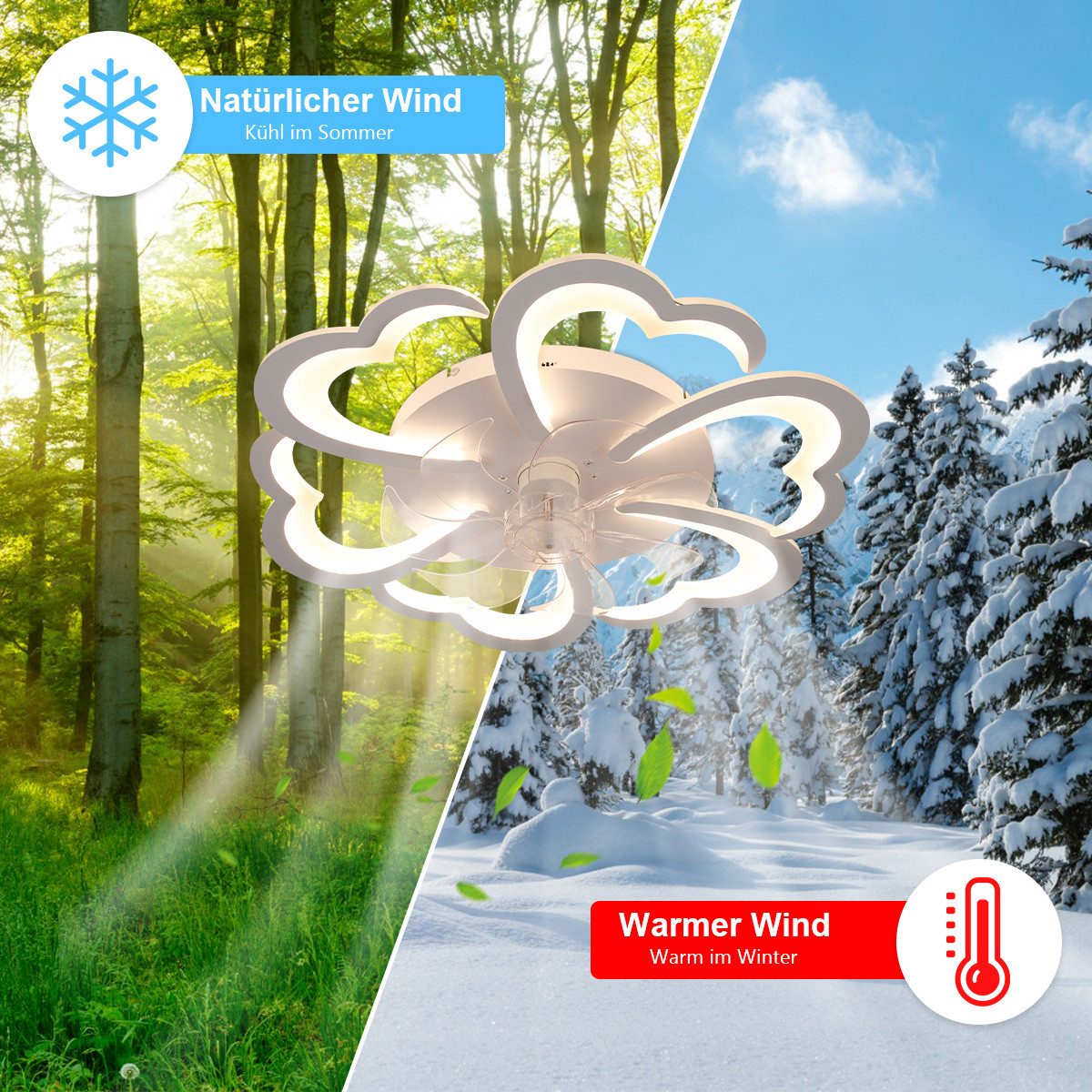 LETGOSPT Deckenleuchte Leise Deckenventilator mit Beleuchtung, 60W LED Deckenleuchte 5000LM, LED fest integriert, Kaltweiß, Naturweiß, Warmweiß, LED Deckenbeleuchtung mit Ventilator,5 Lichter Design Deckenventilator