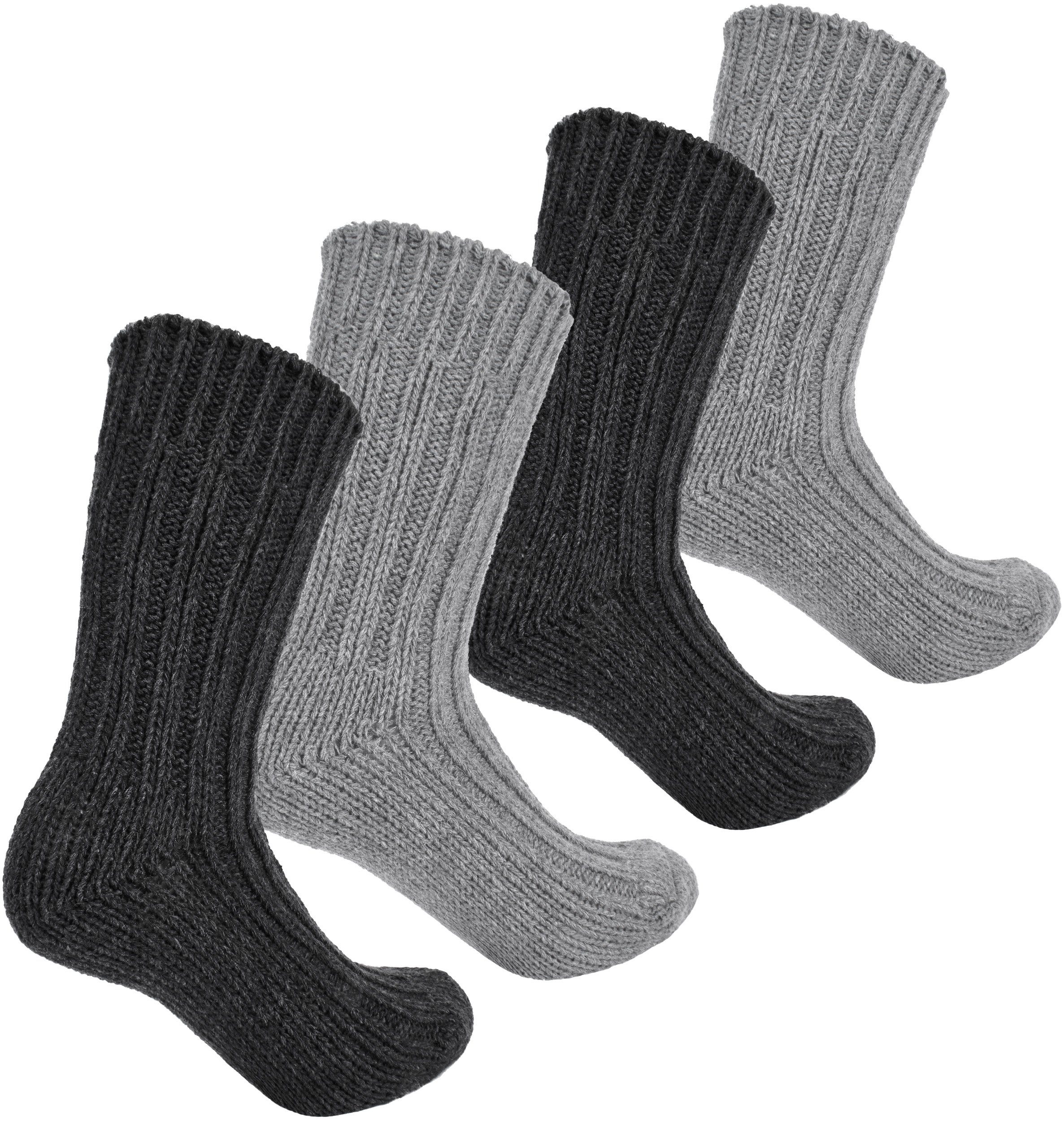 (4-Paar, Kaschmir-Socken 48% Grau Wintersocken Grobstrick BRUBAKER Herren Schafswolle 40% und Damen für Cashmere Kuschelsocken und Anteil) warme