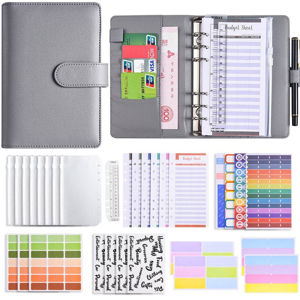 POPOLIC Ringbuchkalender Budget Planner, Binder-Haushaltsbuch A6 Geldumschläge Umschlagmethode, Budgetplaner Geld Organizer Sparbuch mit Folien, für Finanzplaner Sparen Mappe,Cash Stuffing Startset
