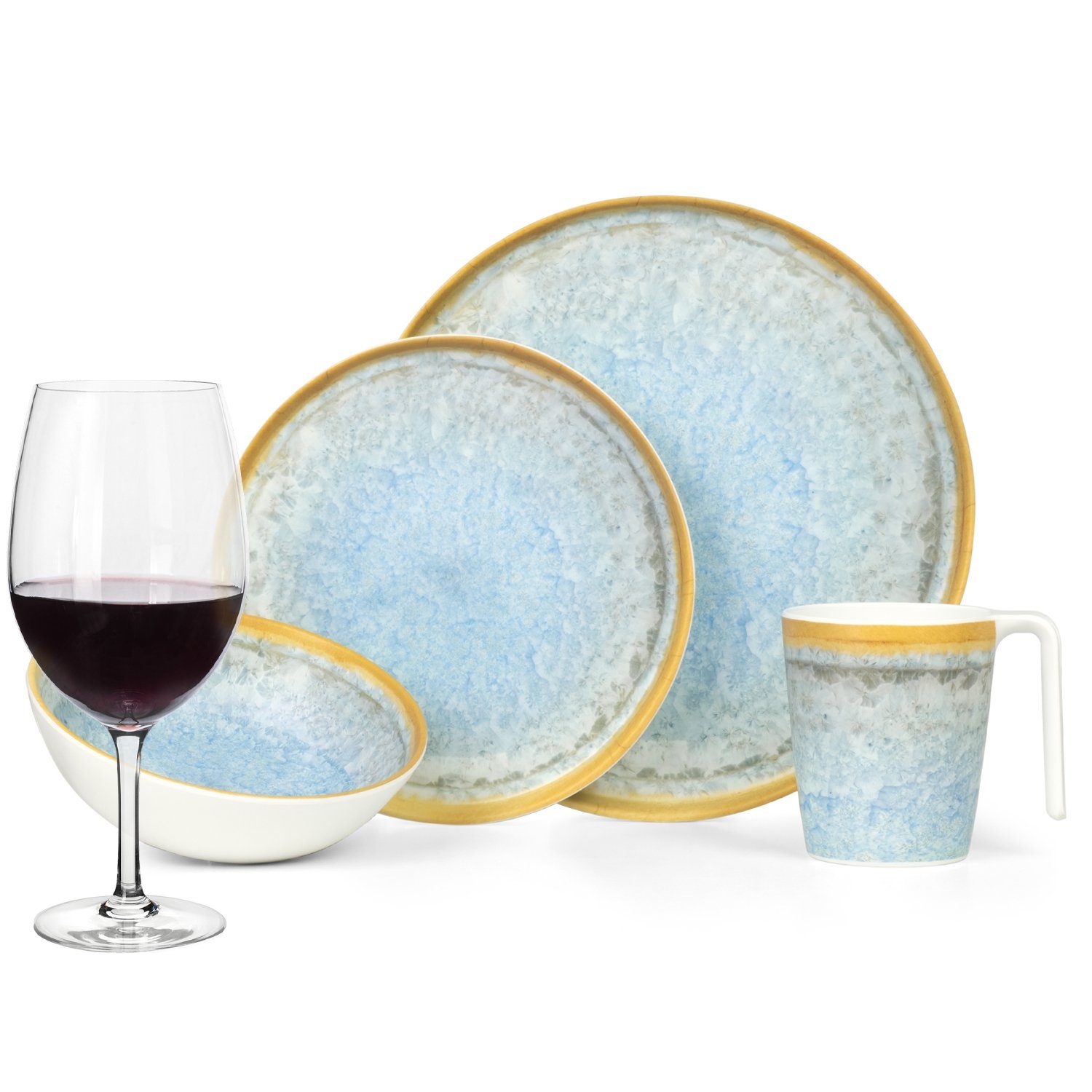 Moritz Geschirr-Set Camping Geschirr Crystal Blue + Tiamo Rotweingläsern