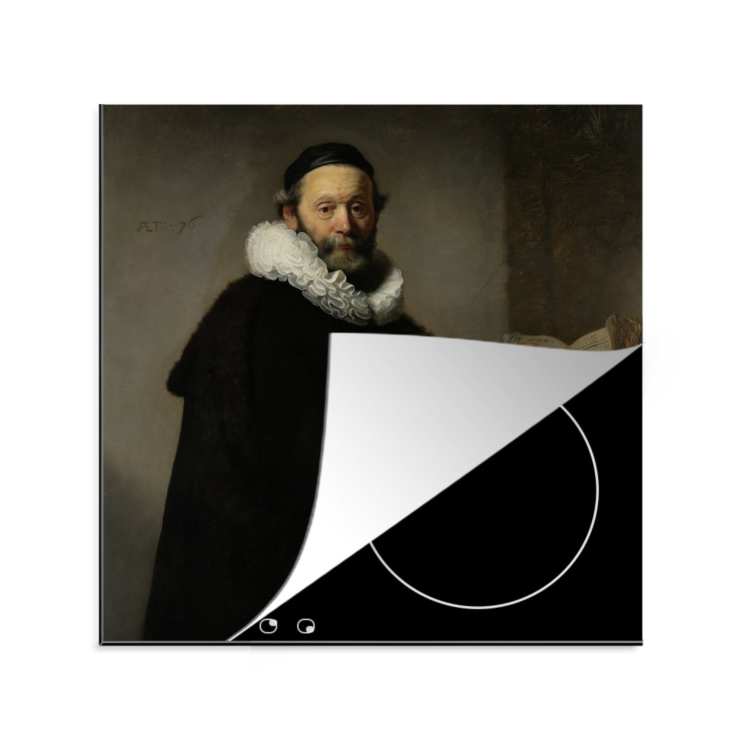 MuchoWow Herdblende-/Abdeckplatte Porträt von Johannes Uyttenbogaert - Gemälde von Rembrandt van Rijn, Vinyl, (1 tlg), 78x78 cm, Ceranfeldabdeckung, Arbeitsplatte für küche