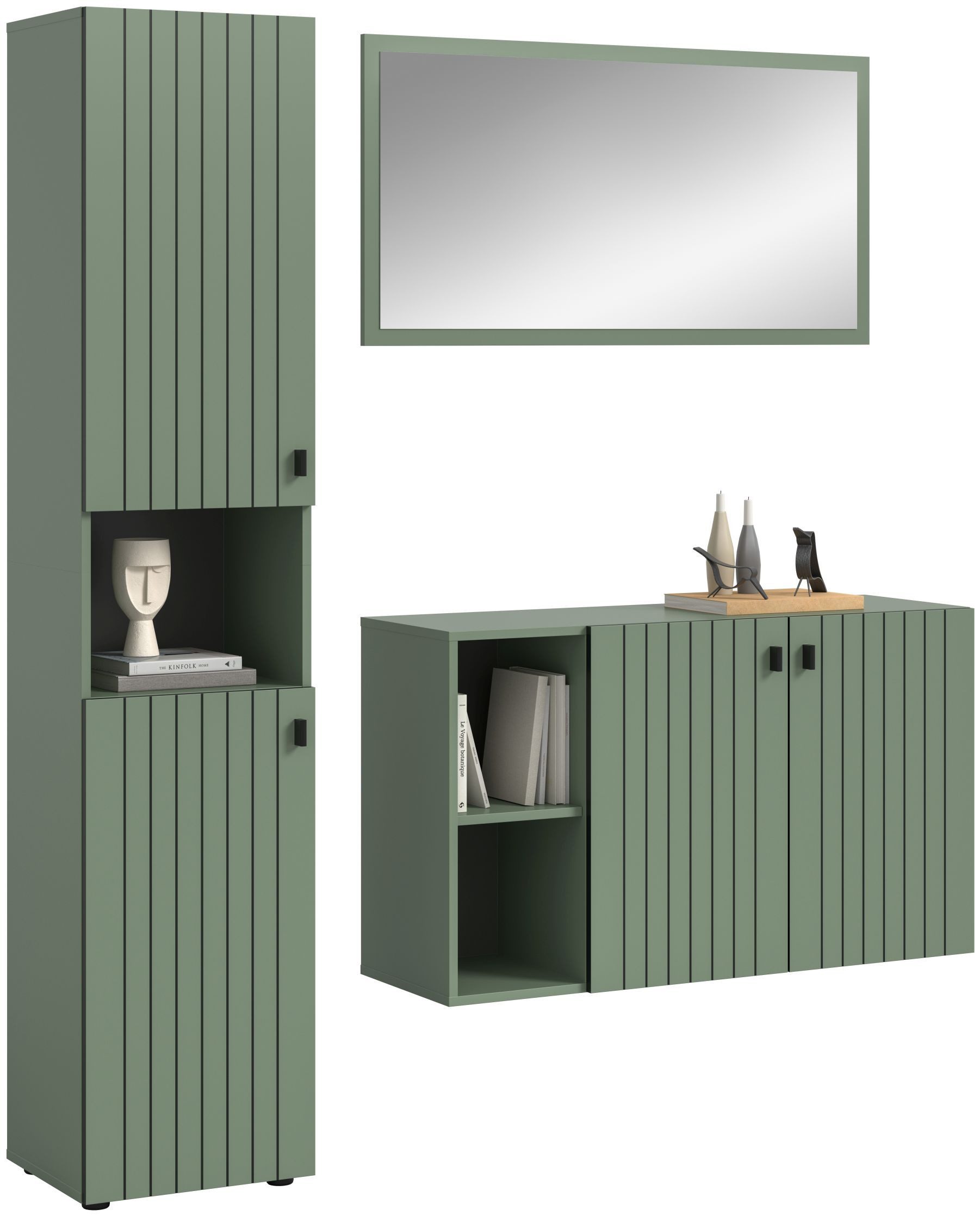 xonox.home Garderoben-Set, (3-tlg. Garderobenschrank, Schuhkommode & Garderobenspiegel), in Smoke Green Nachbildung B/H/T ca.: 161/192/37 cm