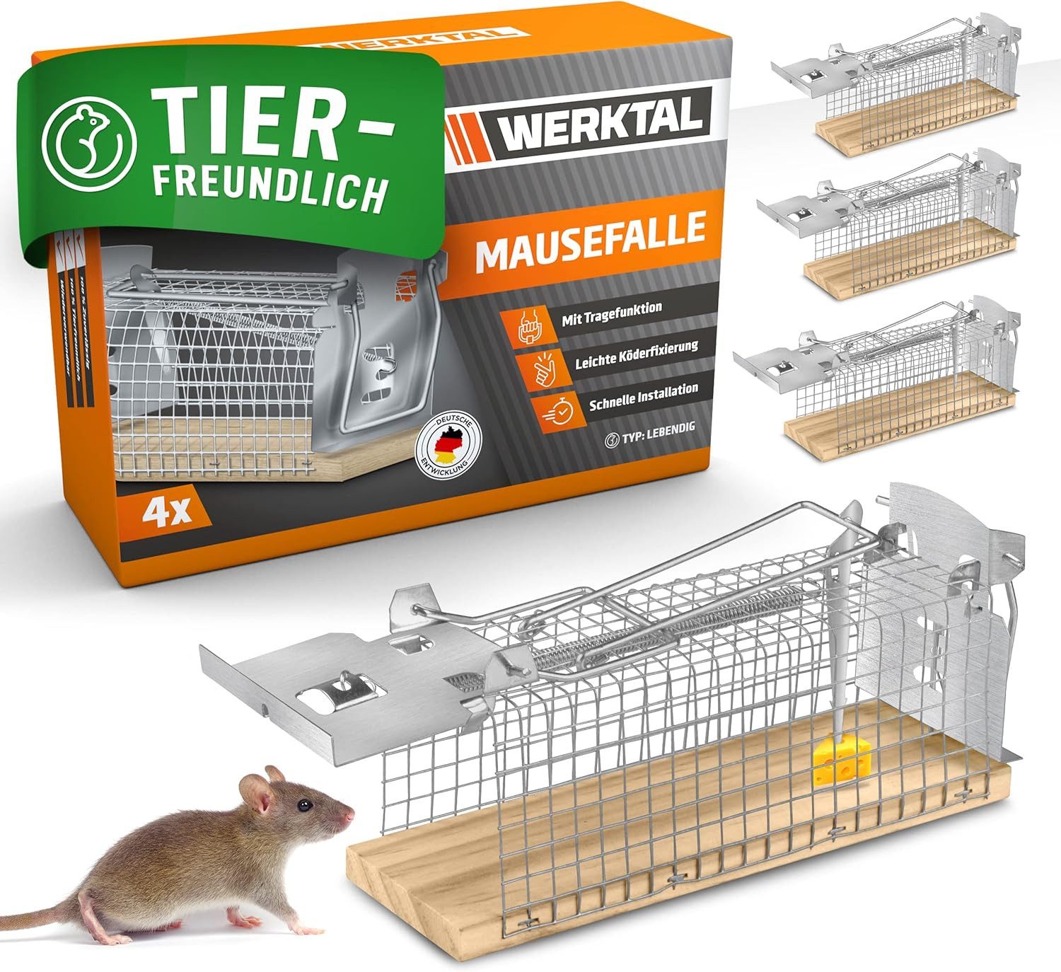 Werktal Lebendfalle für Mäuse [4er-Set] - Hochsensitiv und tierfreundliche Lebendfalle, einfache Köderfixierung, hygienisch und wiederverwendbar