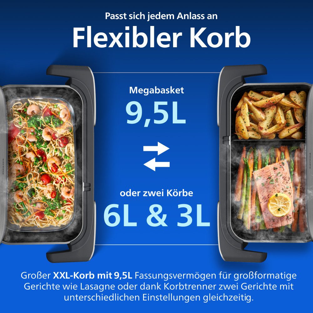 Philips Heißluftfritteuse NA565/02 Steam Airfryer 5000 Series Megabasket, 9,5L Kapazität, 2750 W, mit Dampfgarfunktion u. RapidAir Plus Technologie; inkl. Servierzange