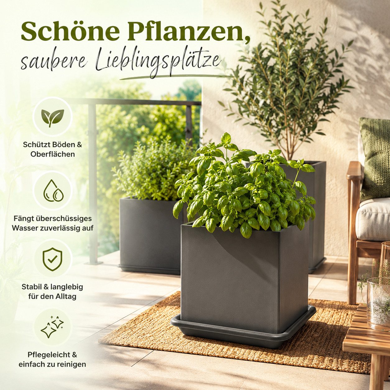Testrut Blumentopfuntersetzer Pflanzenuntersetzer anthrazit eckig für saubere Flächen, Zubehör für Pflanztopf Pia