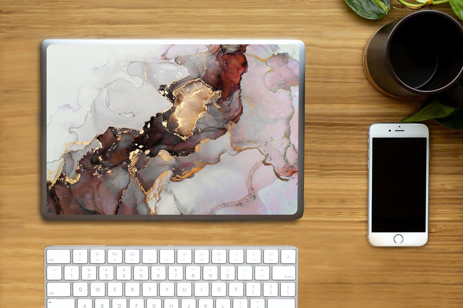 Thumbnail - MuchoWow Laptop-Aufkleber Rot - Marmor - Gold