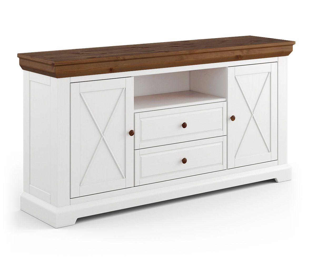 Feldmann-Wohnen Kommode Marone Elite (2-türig, mit Einlegeböden, mit Schubladen, 1 St., Massivholz, geölte Oberfläche), 166x41x85cm 2-türig weiß / Kiefer Tabak