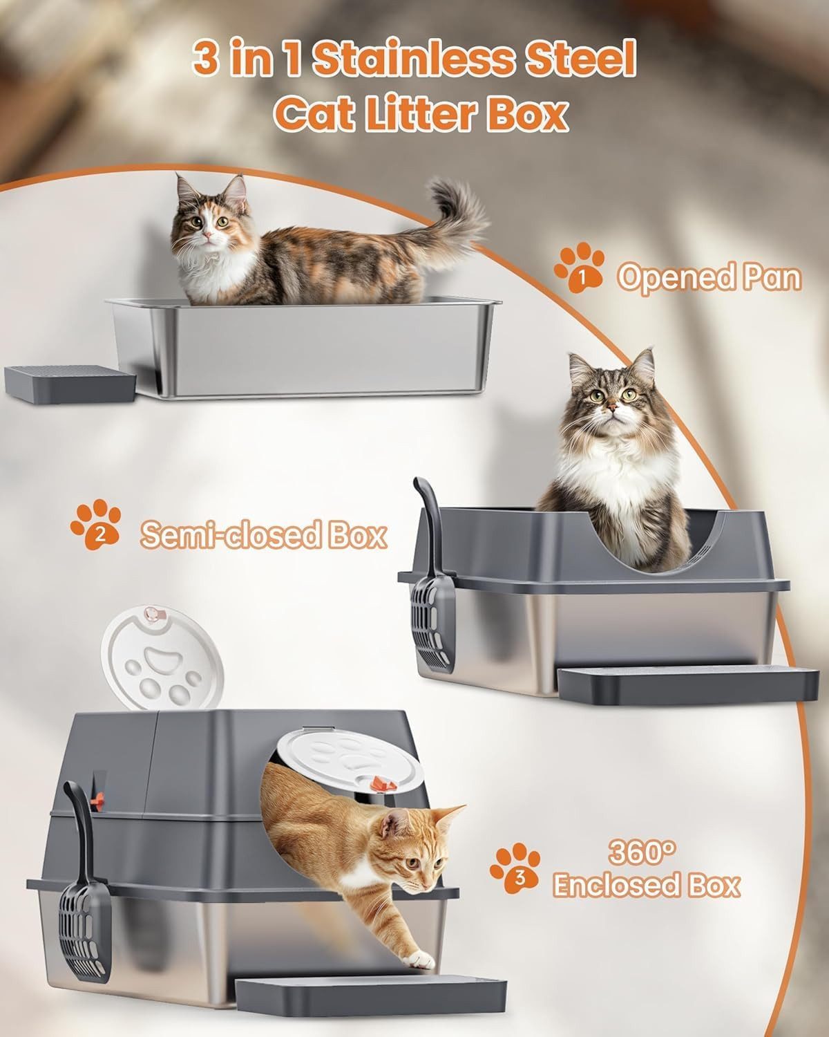 Refined Living Katzentoilette Extra große geschlossene, XXL Edelstahl-Katzentoilette, 60x40x39 cm, mit Stufe, XL, Zwei-Eingang, Geruchshemmend, Antihaft, 60*40*39CM