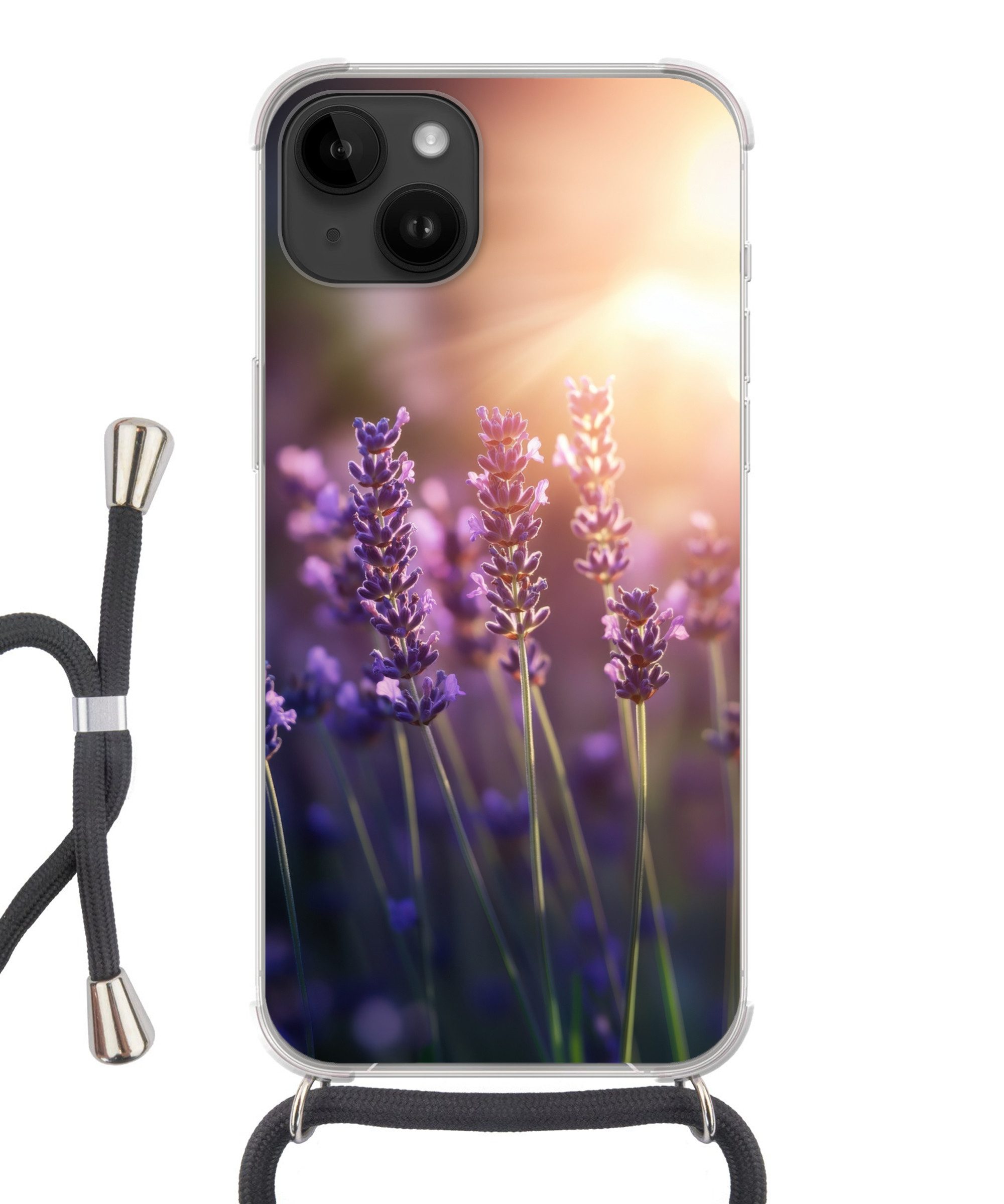 MuchoWow Handyhülle für Apple iPhone 14 Lavendelblüten - Lila - Sonnenlicht, Tragbare Handyhüllen mit Kette zum umhängen, Handykette Handyband